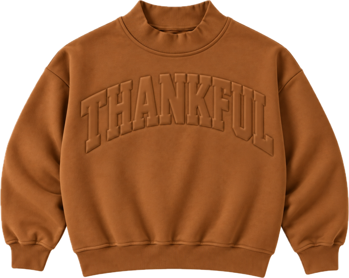 Thankful Cozy Mockneck Sweatshirt Mom + Me in Camel (PREORDER)