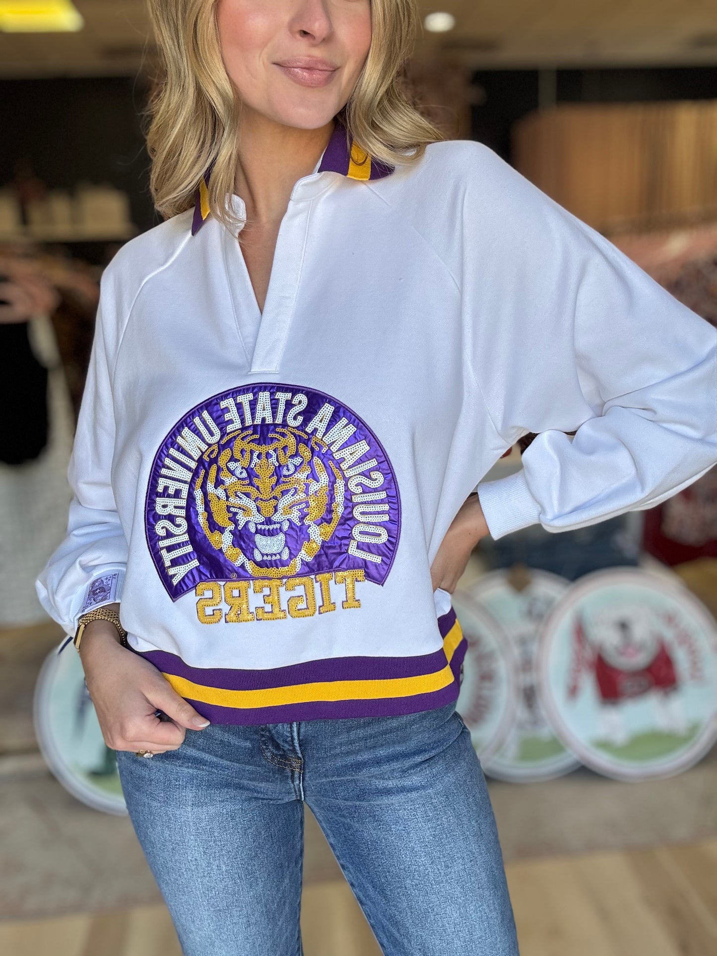 Queen of Sparkles Licensed LSU Striped Collar Circular Mascot Sweatshirt