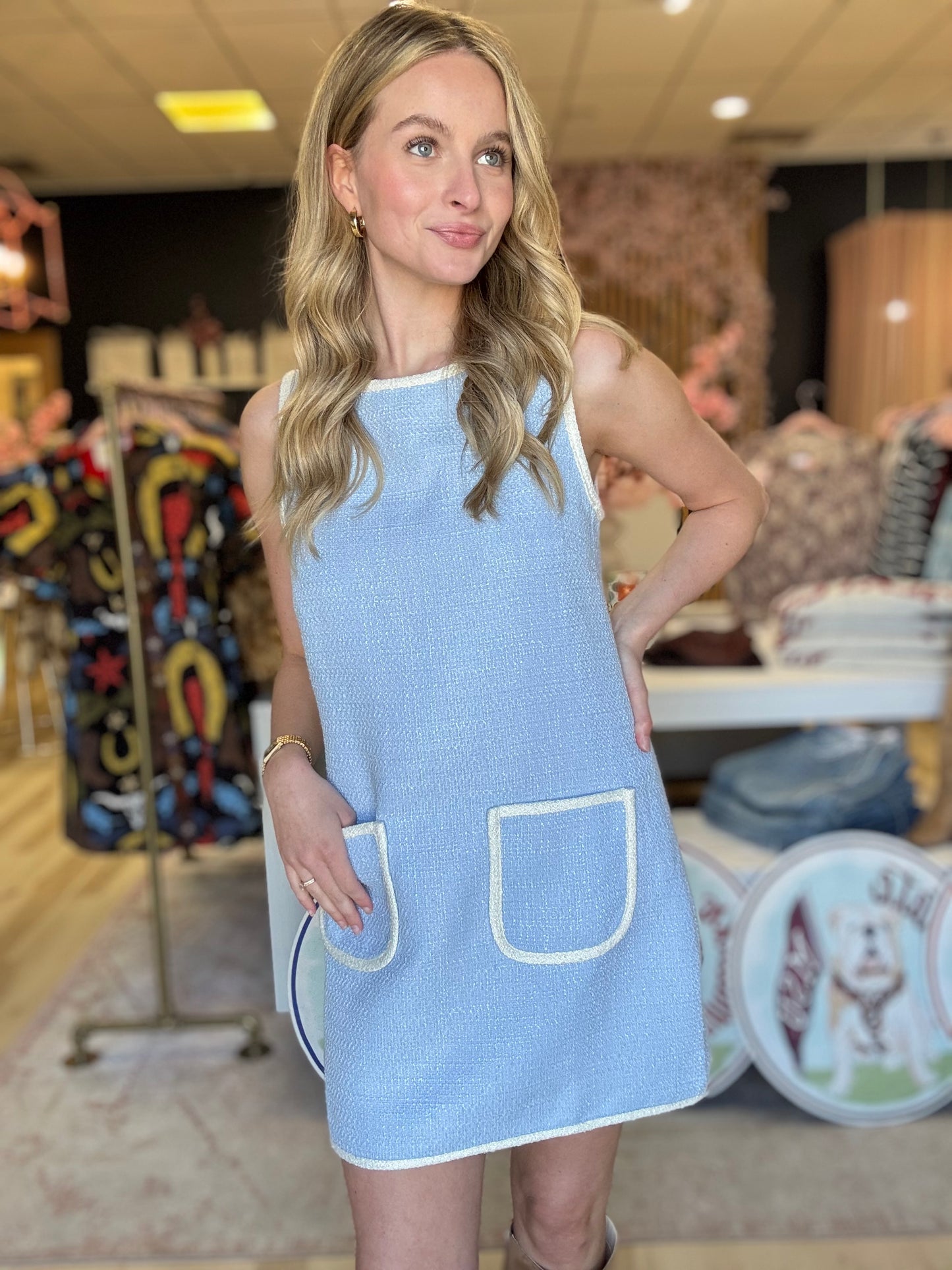 Blue Tweed Mini Dress