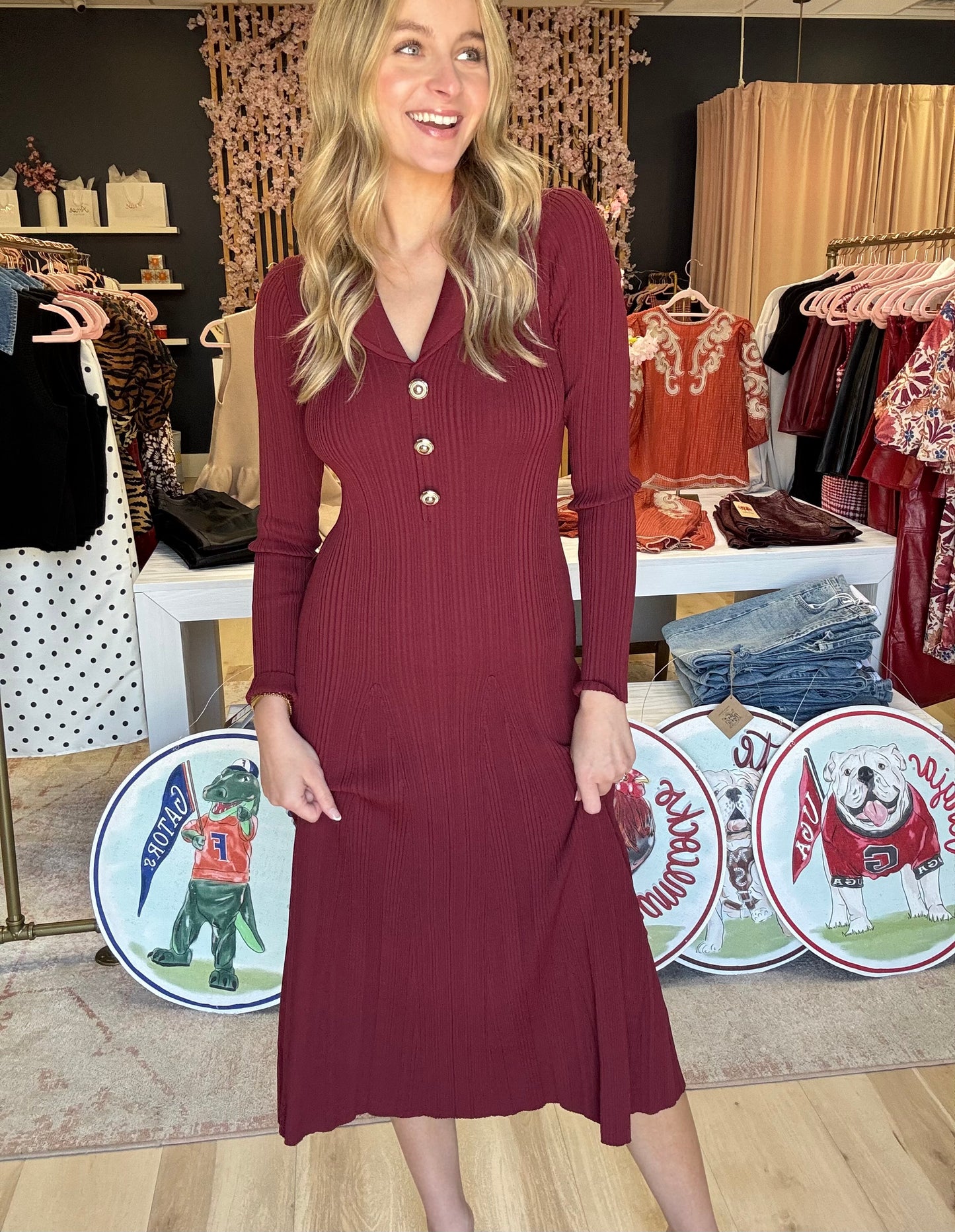 French Connection Crinkle Knit LS Maxi Dress in Cabernet