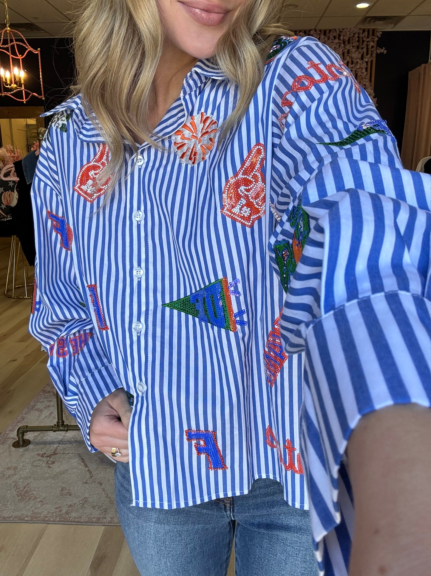 Queen of Sparkles Licensed Florida Mini Icon Striped Button Down Long Sleeve Top