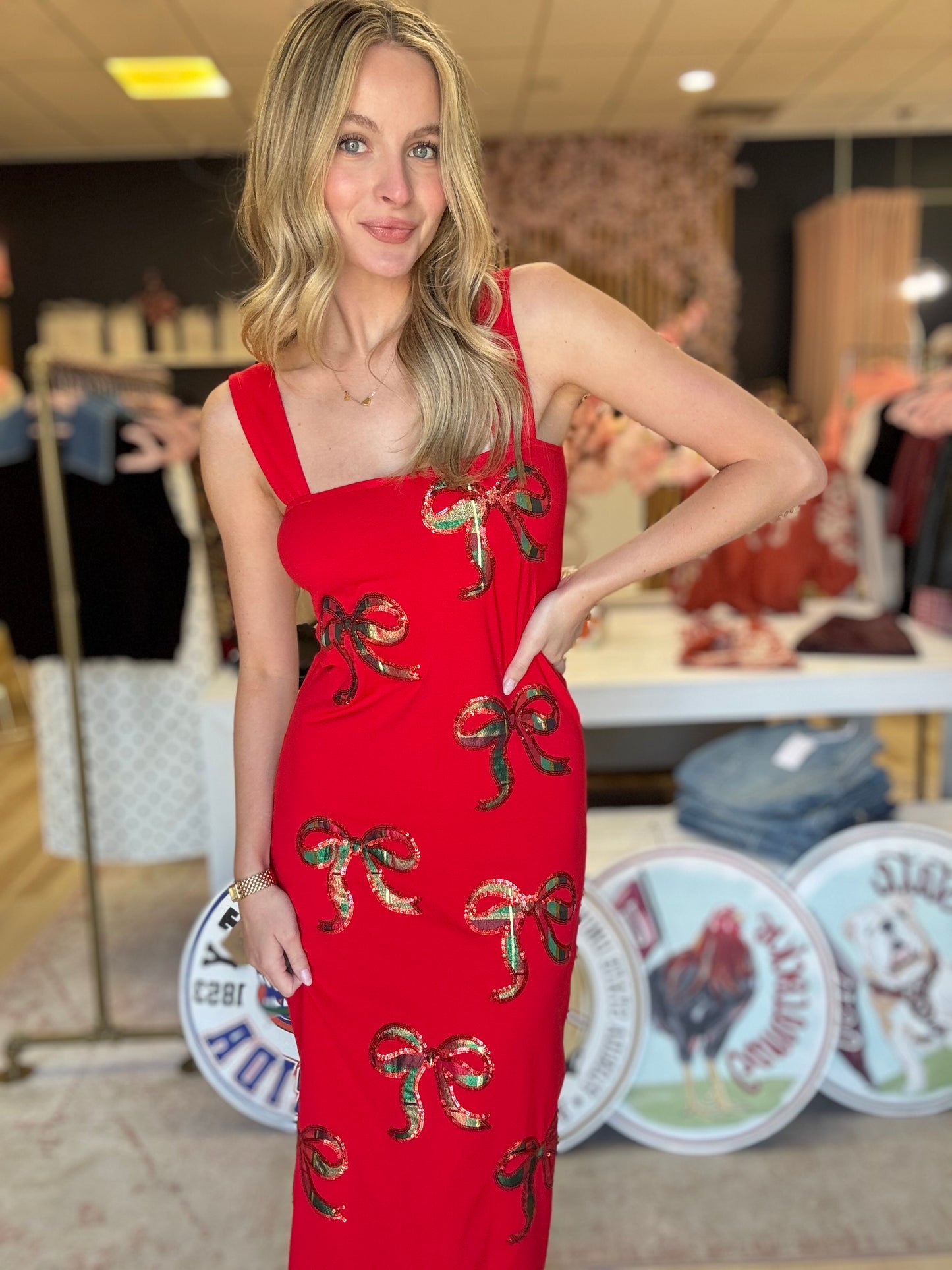 Amor Exclusive Plaid Bow Sequin Christmas Dress (preorder)