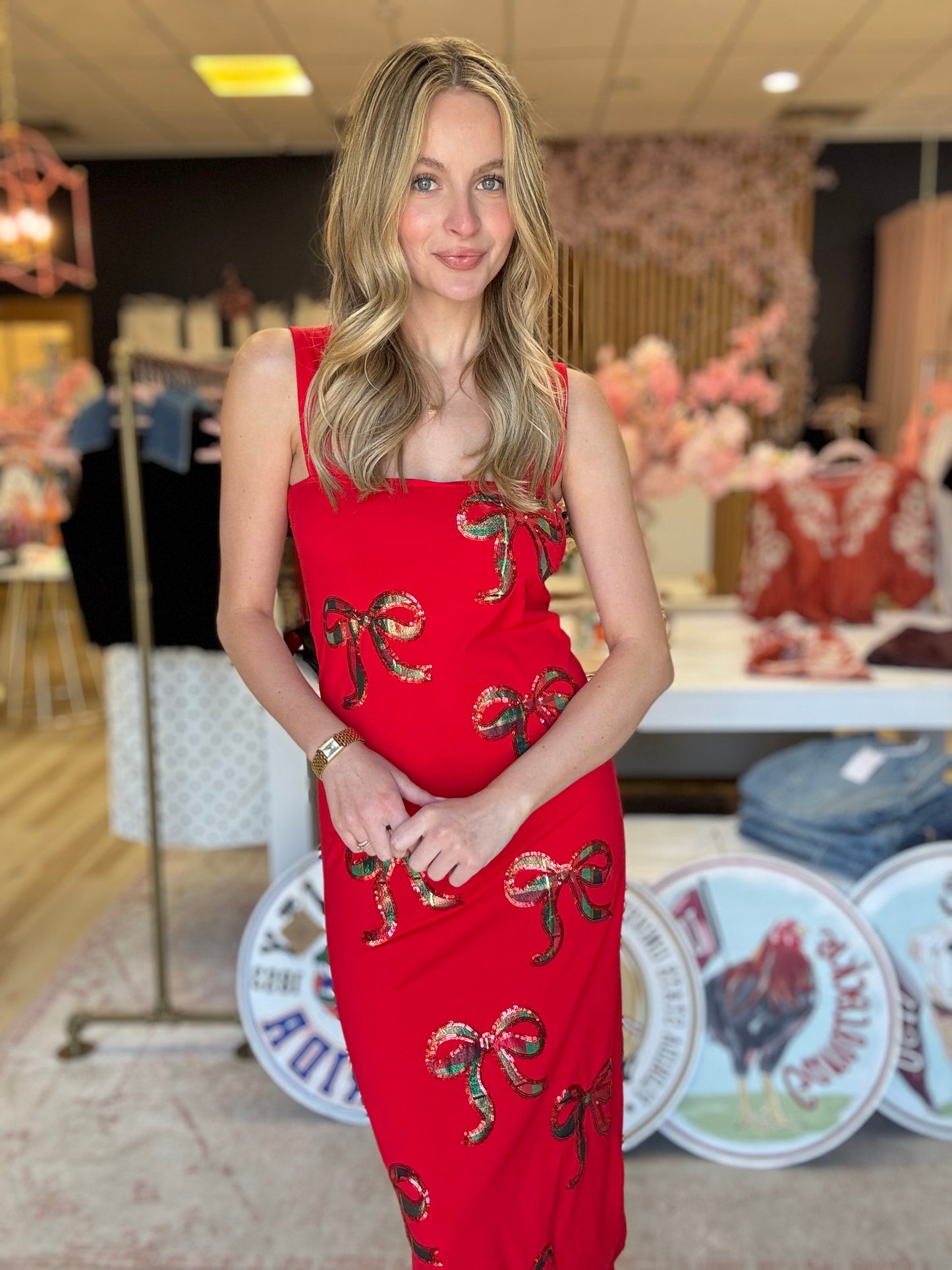 Amor Exclusive Plaid Bow Sequin Christmas Dress (preorder)