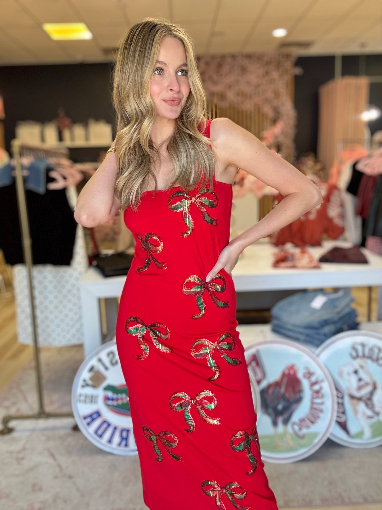 Amor Exclusive Plaid Bow Sequin Christmas Dress (preorder)