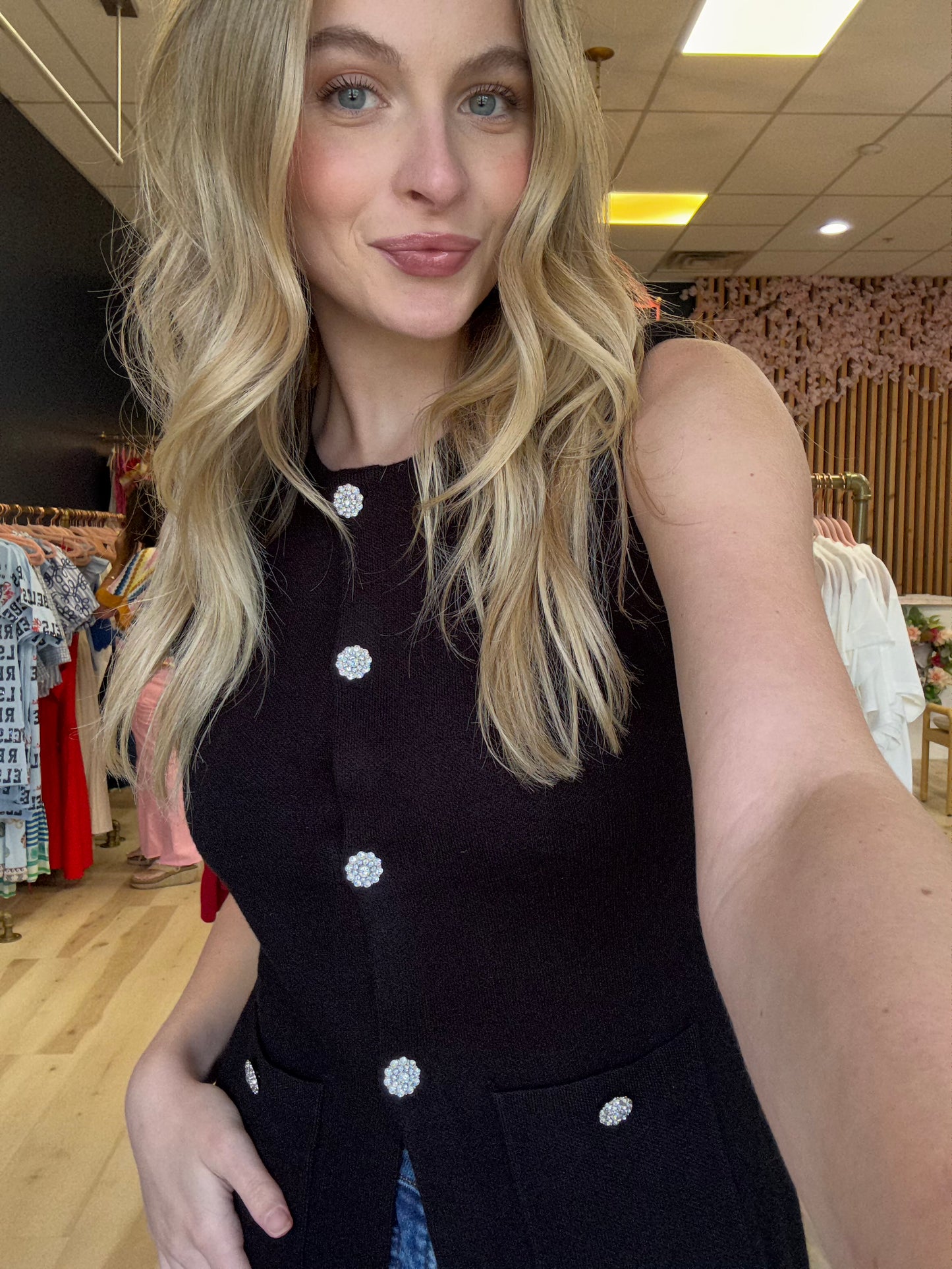 Black Crystal Button Sweater Vest