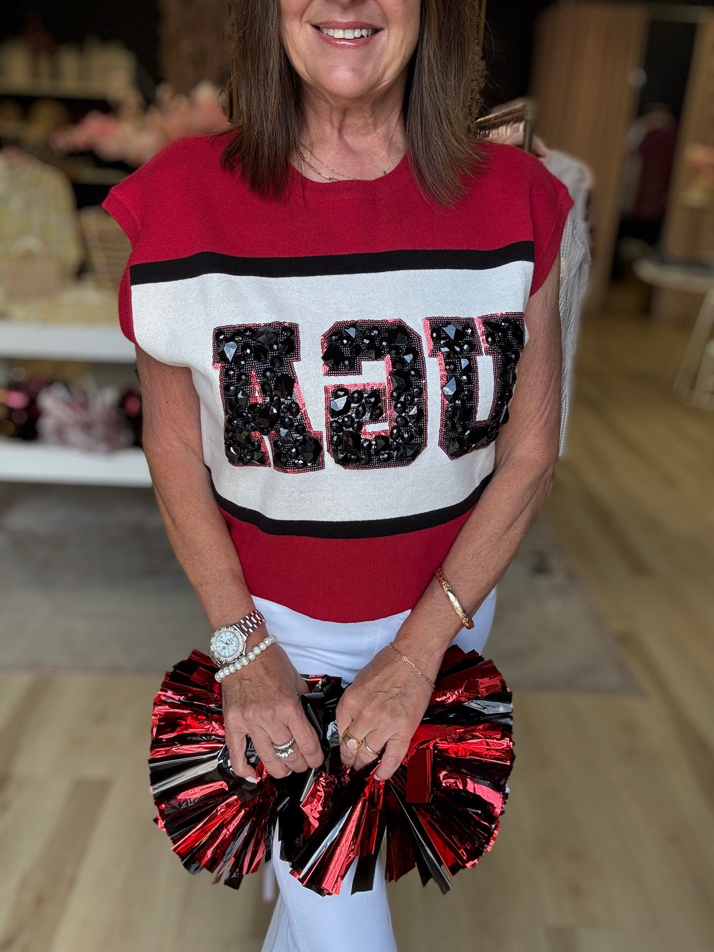 Queen of Sparkles Licensed UGA Colorblock Jewel Letter Short Sleeve Sweater