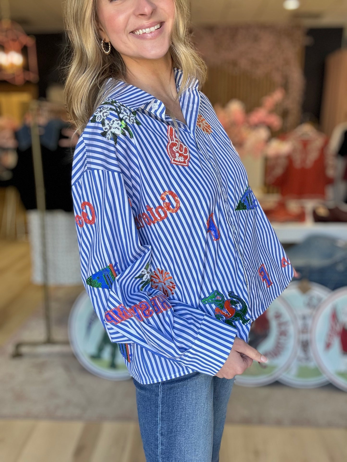 Queen of Sparkles Licensed Florida Mini Icon Striped Button Down Long Sleeve Top