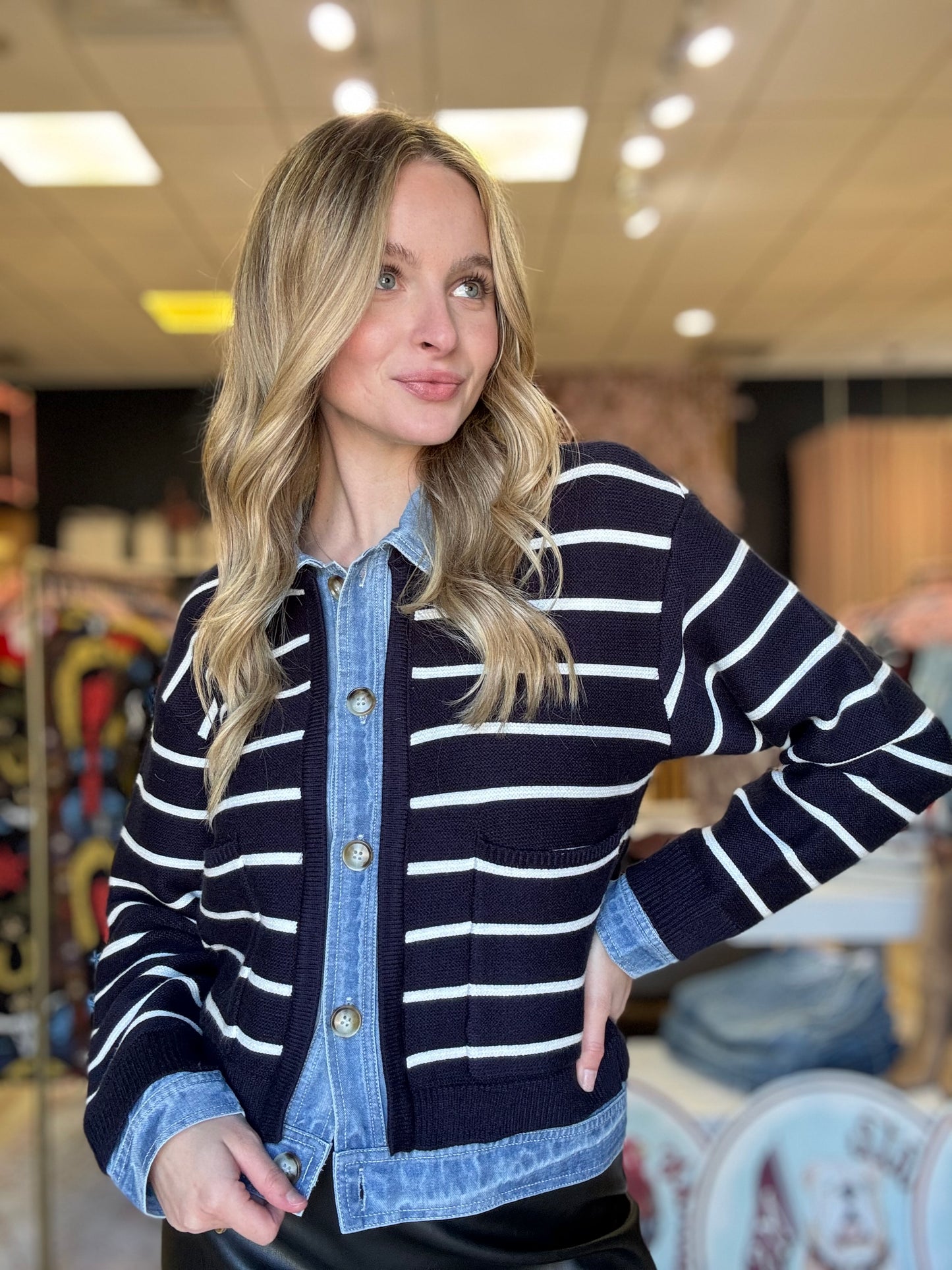 Stripe Knit/Denim Cardigan