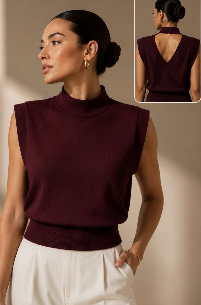 High Neck Sleeveless Sweater in Wine