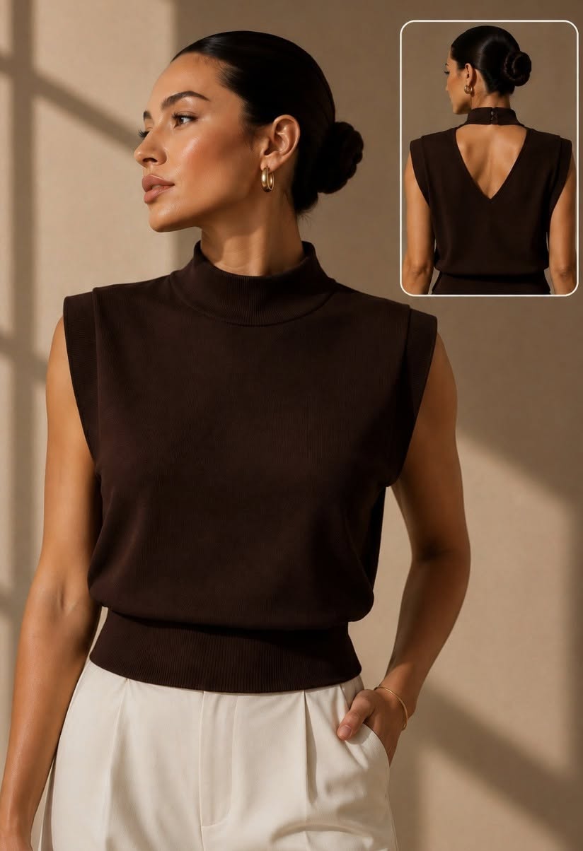 High Neck Sleeveless Sweater in Chocolate