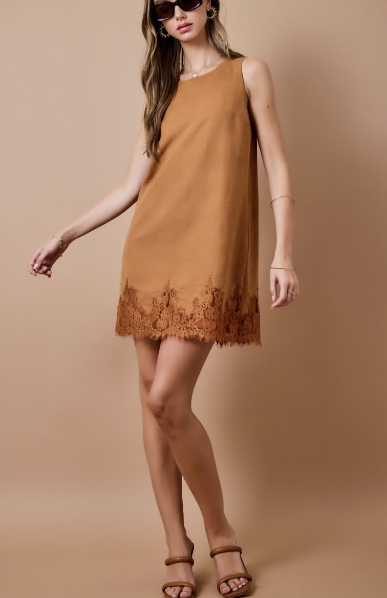 Sleeveless Suede Shift Dress in Camel