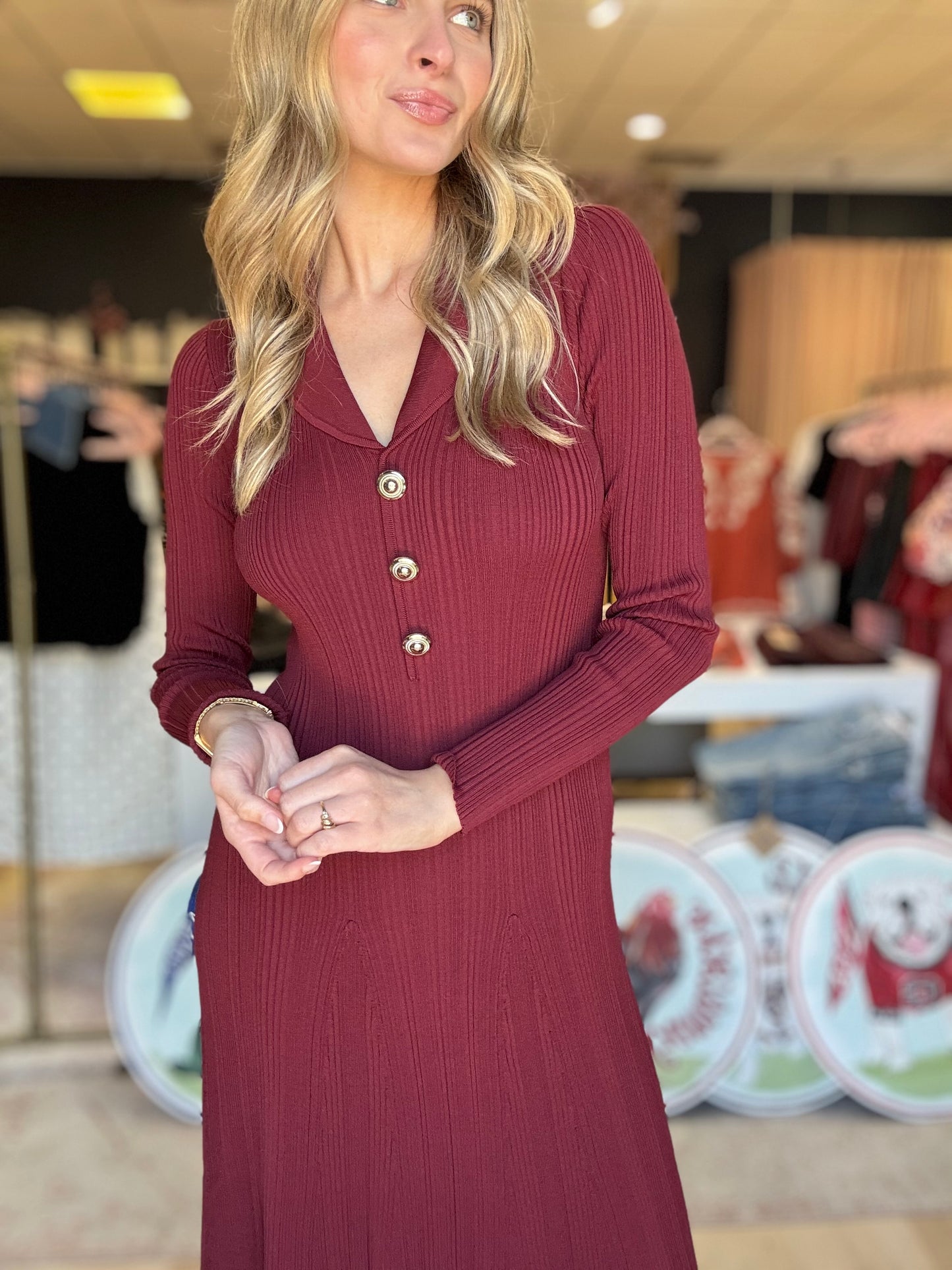 French Connection Crinkle Knit LS Maxi Dress in Cabernet