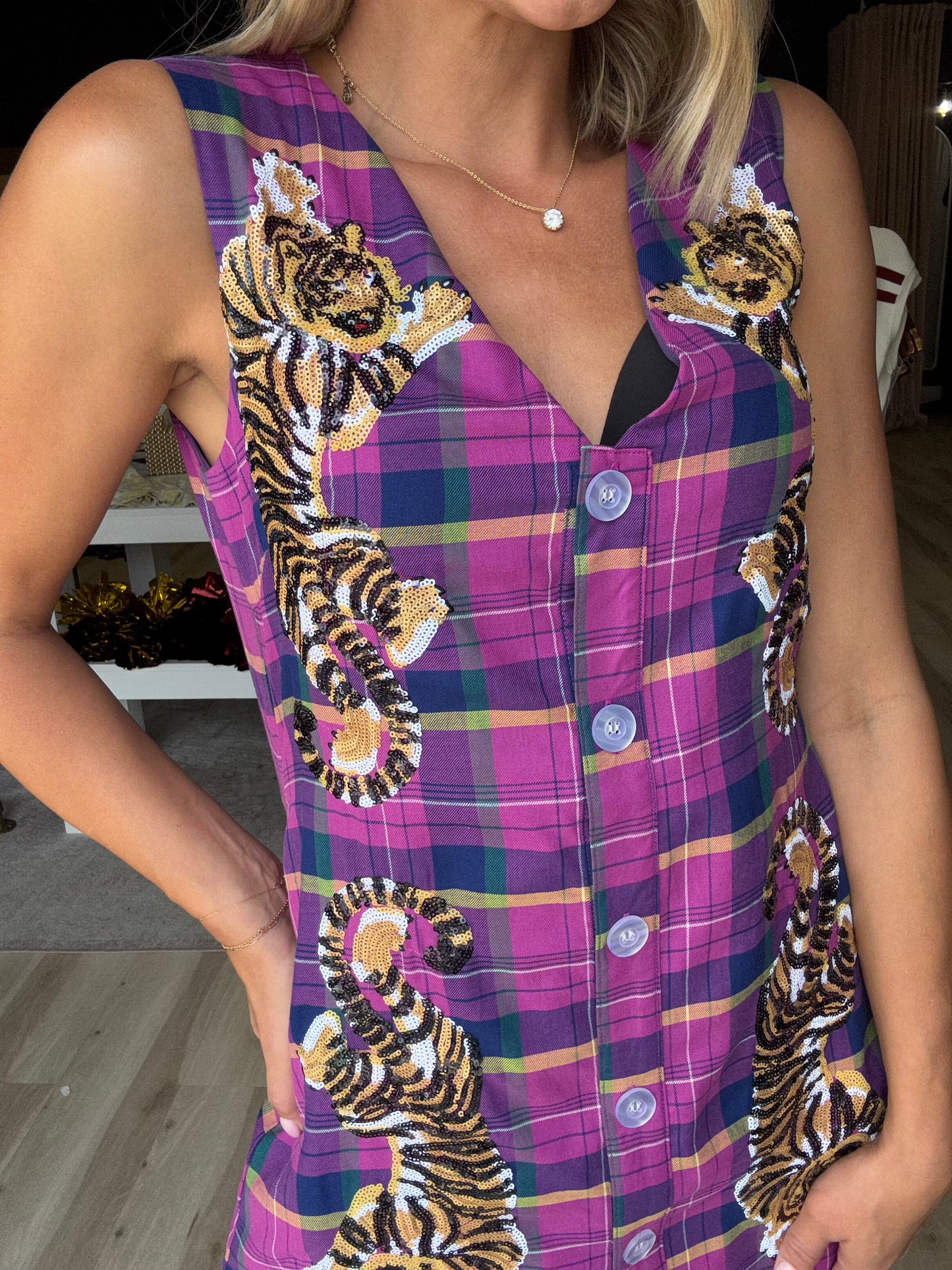 Queen of Sparkles Bright Purple Plaid Crawling Tiger Button Tank Dress