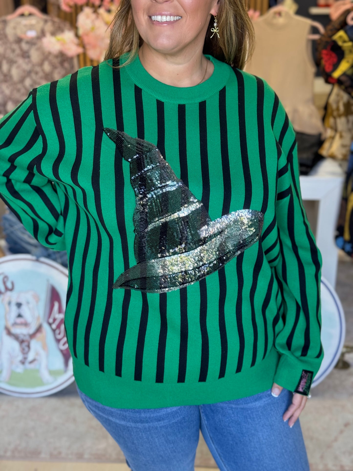Queen of Sparkles Licensed Green and Black Striped Elphaba Hat Sweater