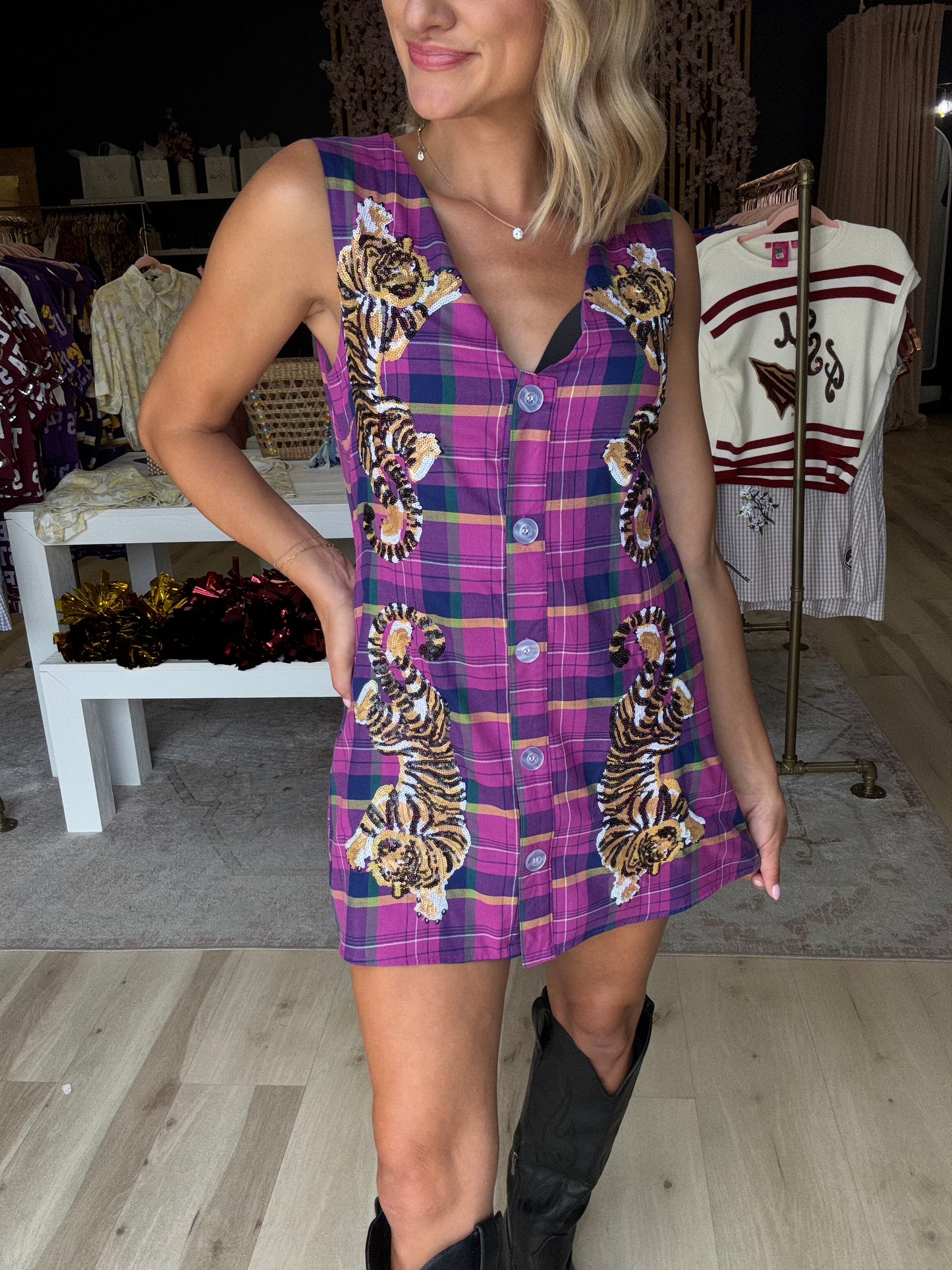 Queen of Sparkles Bright Purple Plaid Crawling Tiger Button Tank Dress