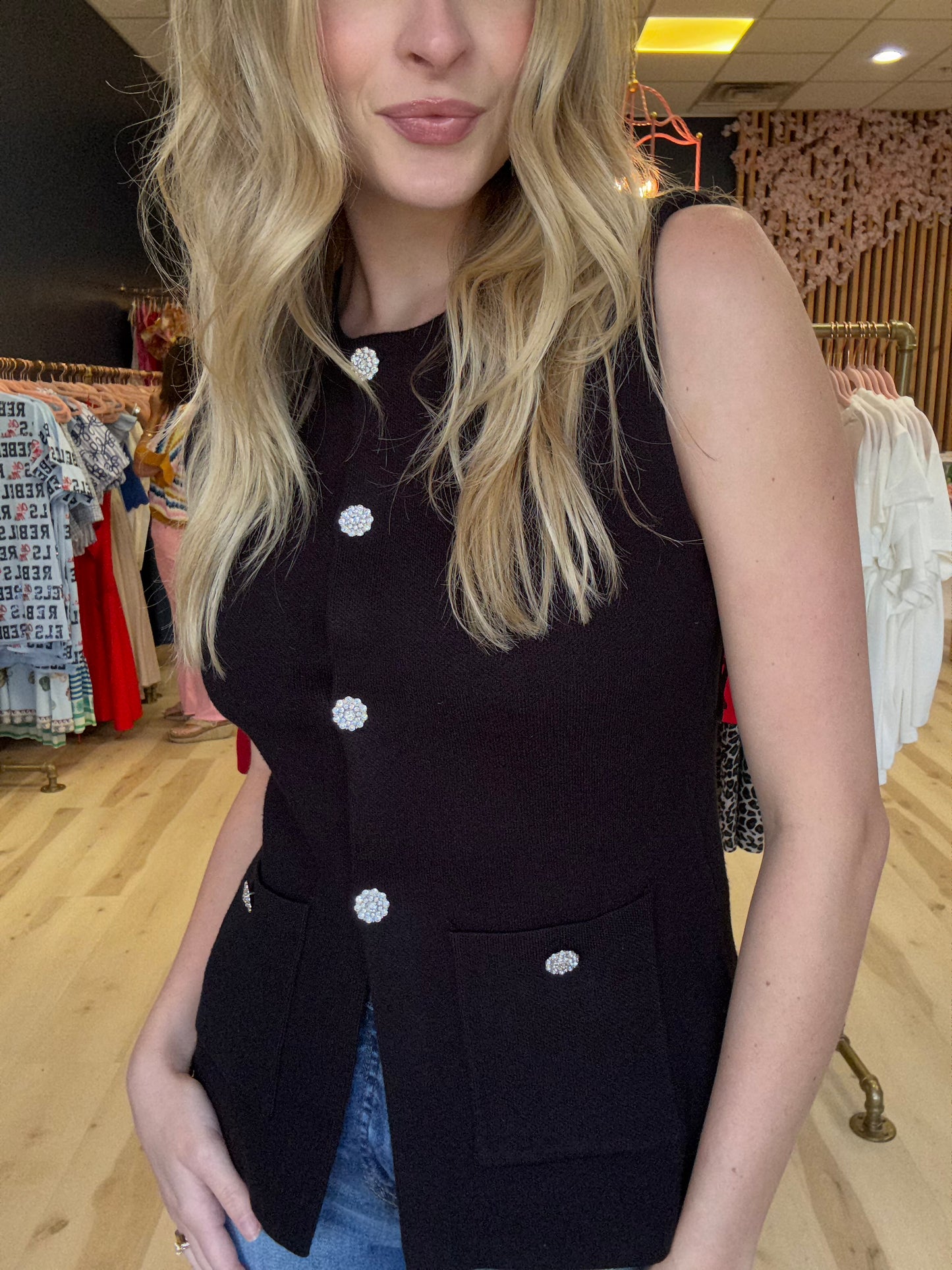 Black Crystal Button Sweater Vest