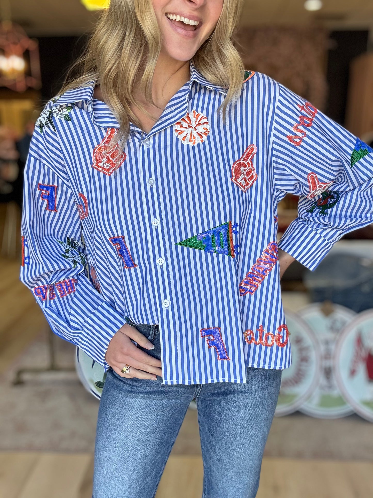 Queen of Sparkles Licensed Florida Mini Icon Striped Button Down Long Sleeve Top