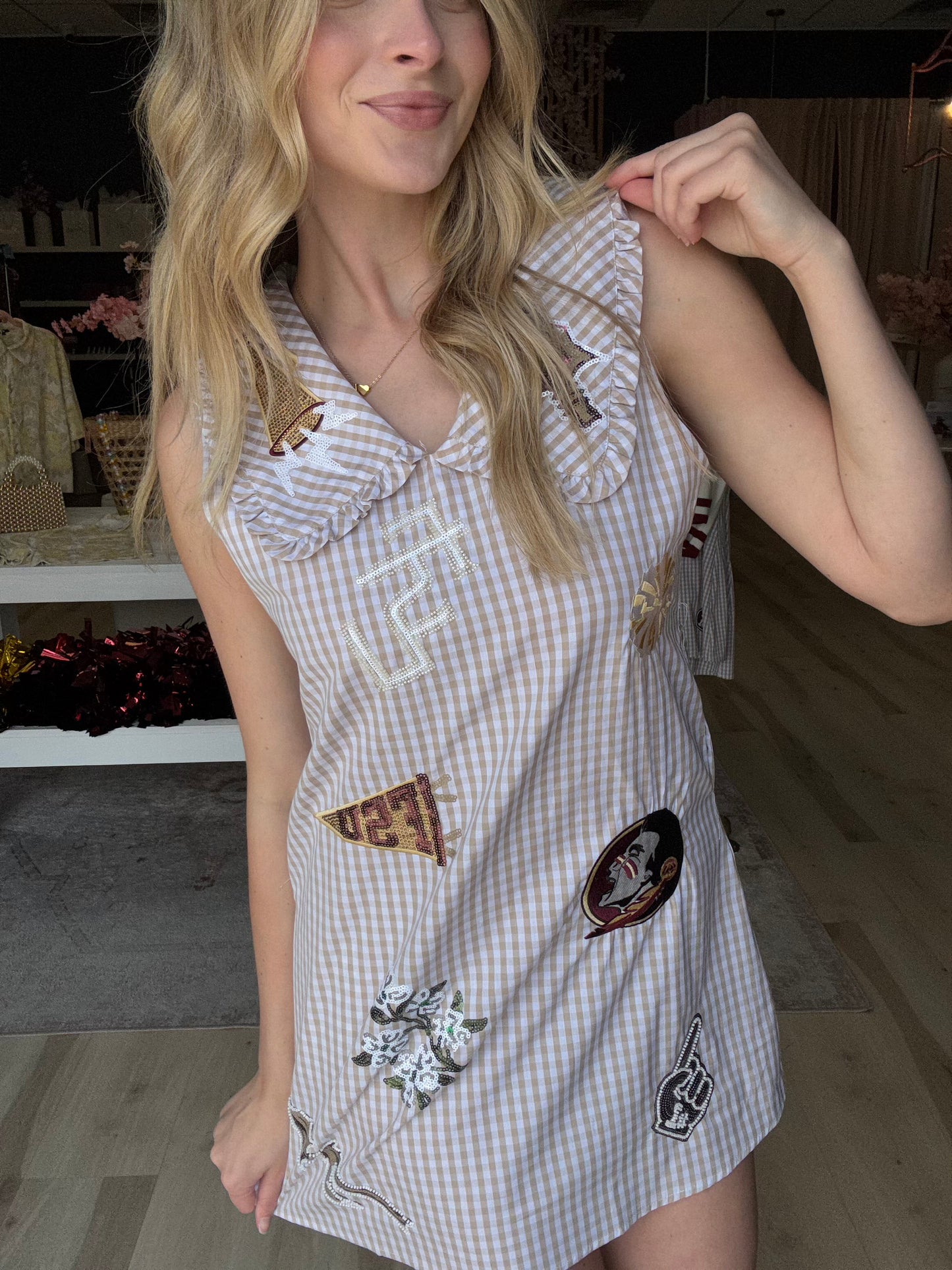 Queen of Sparkles Licensed FSU Mini Icon Gingham Collar Dress