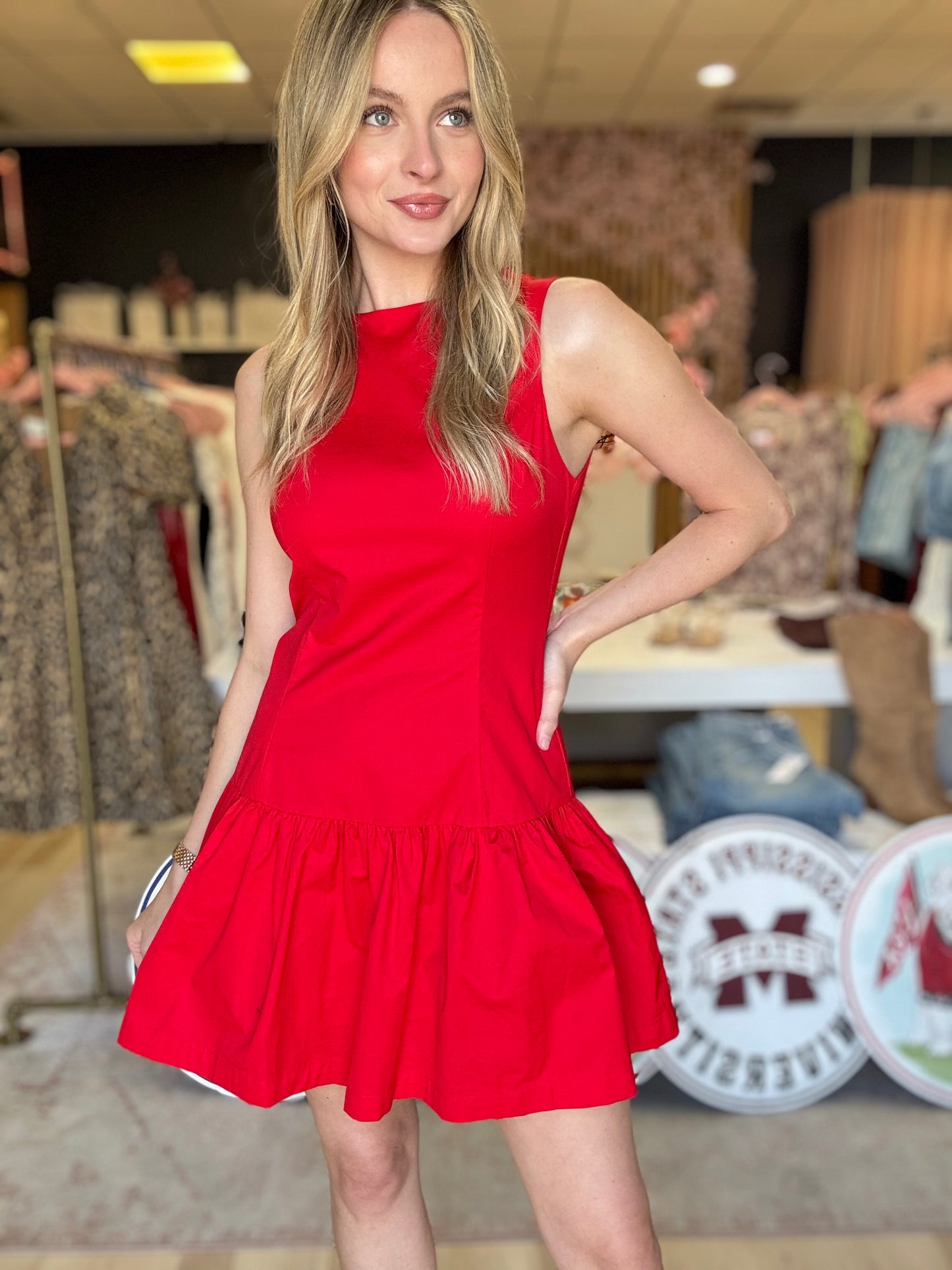 Red Fit and Flare Drop Waist Dress