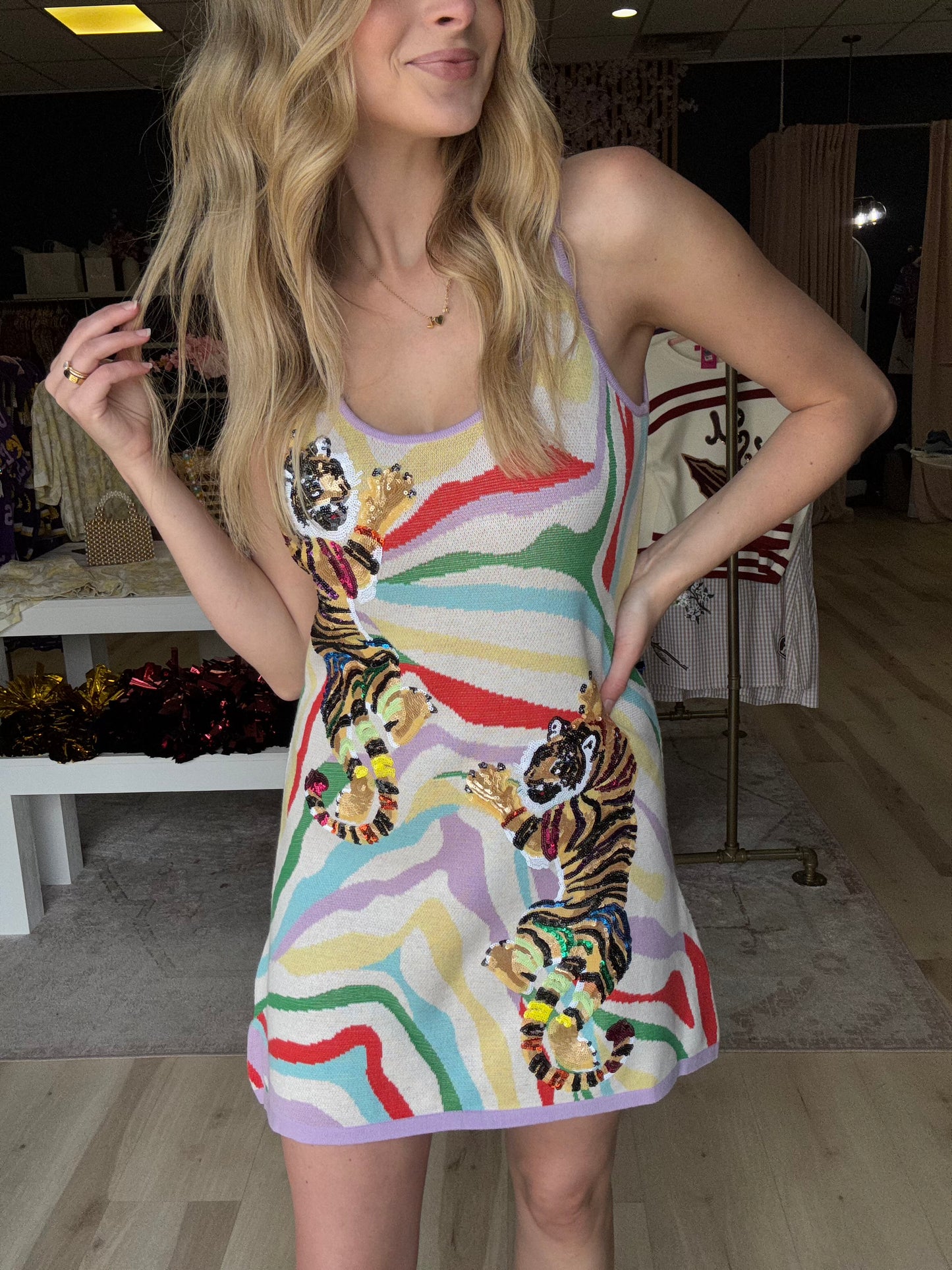 Queen of Sparkles Rainbow Crawling Tiger On Multi Tiger Print Knit Dress