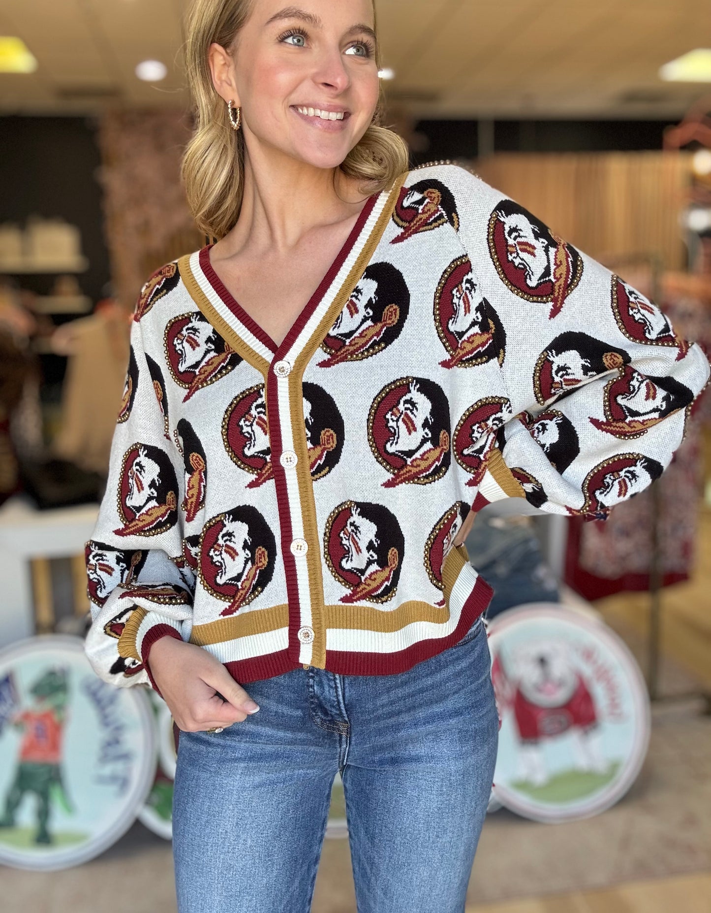 Queen of Sparkles Licensed FSU Knit In Mascot Rhinestone Cardigan