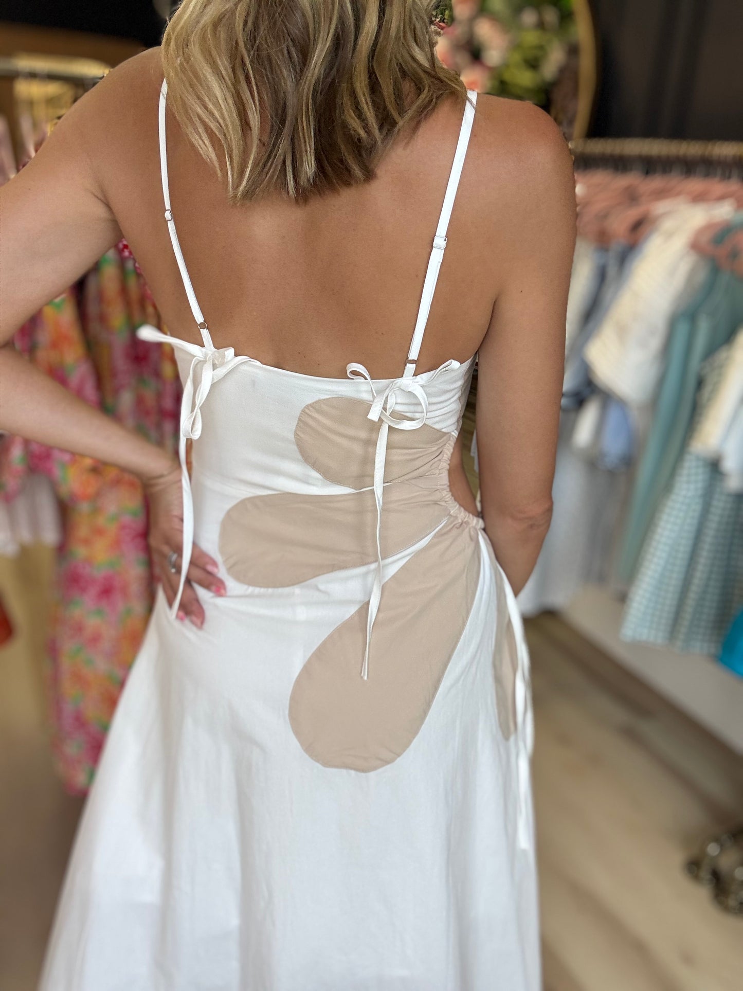 Floral Cut Out Dress - White/Tan
