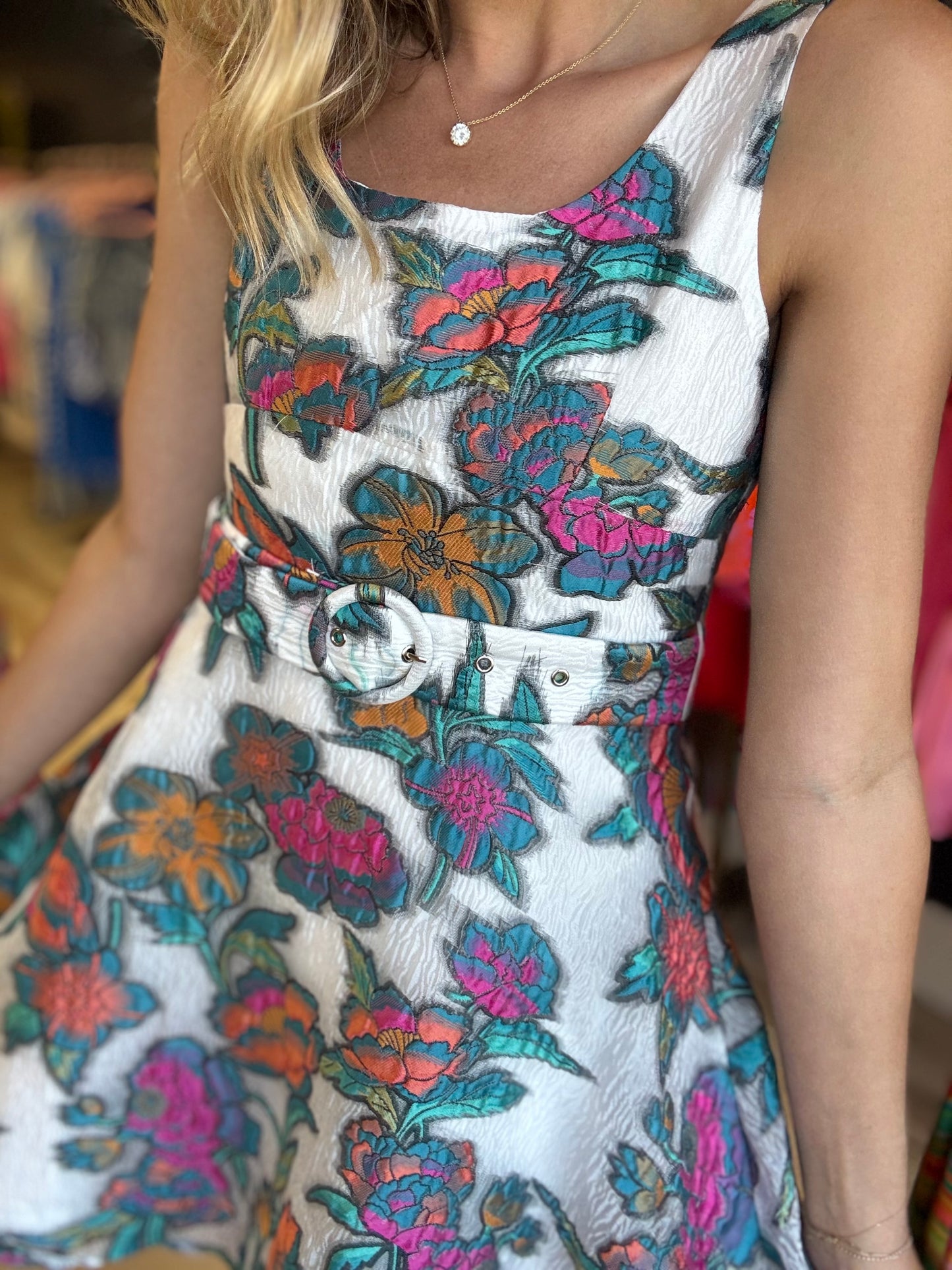 Floral Jacquard Belted Dress