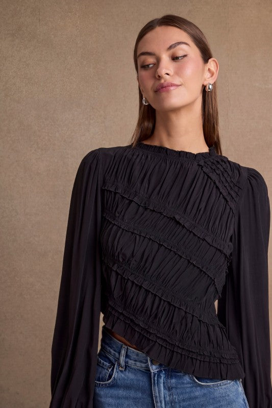 Ruched Long Sleeve Black Asymmetrical Top
