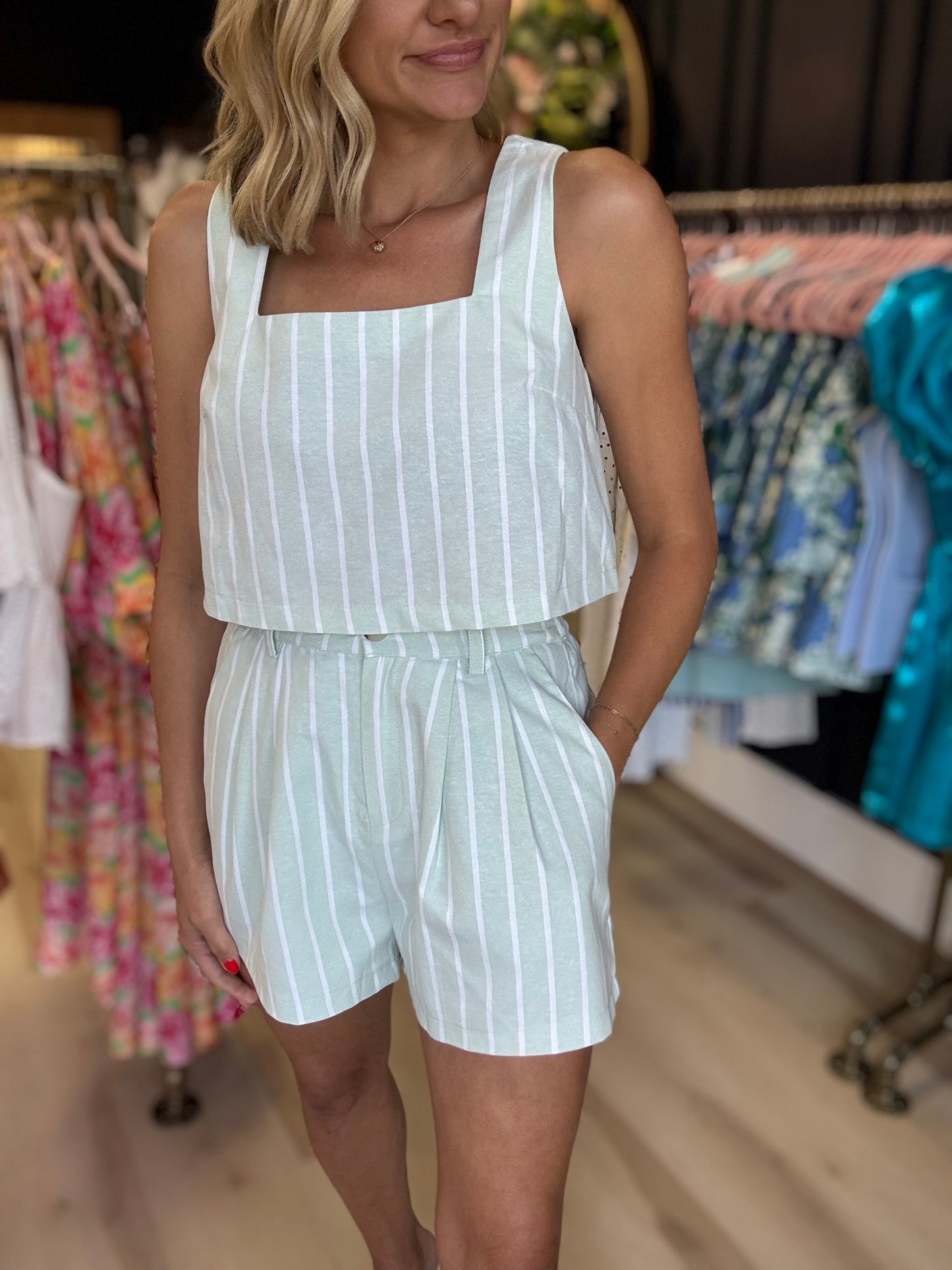 Striped Crop Top and Shorts Set in Green