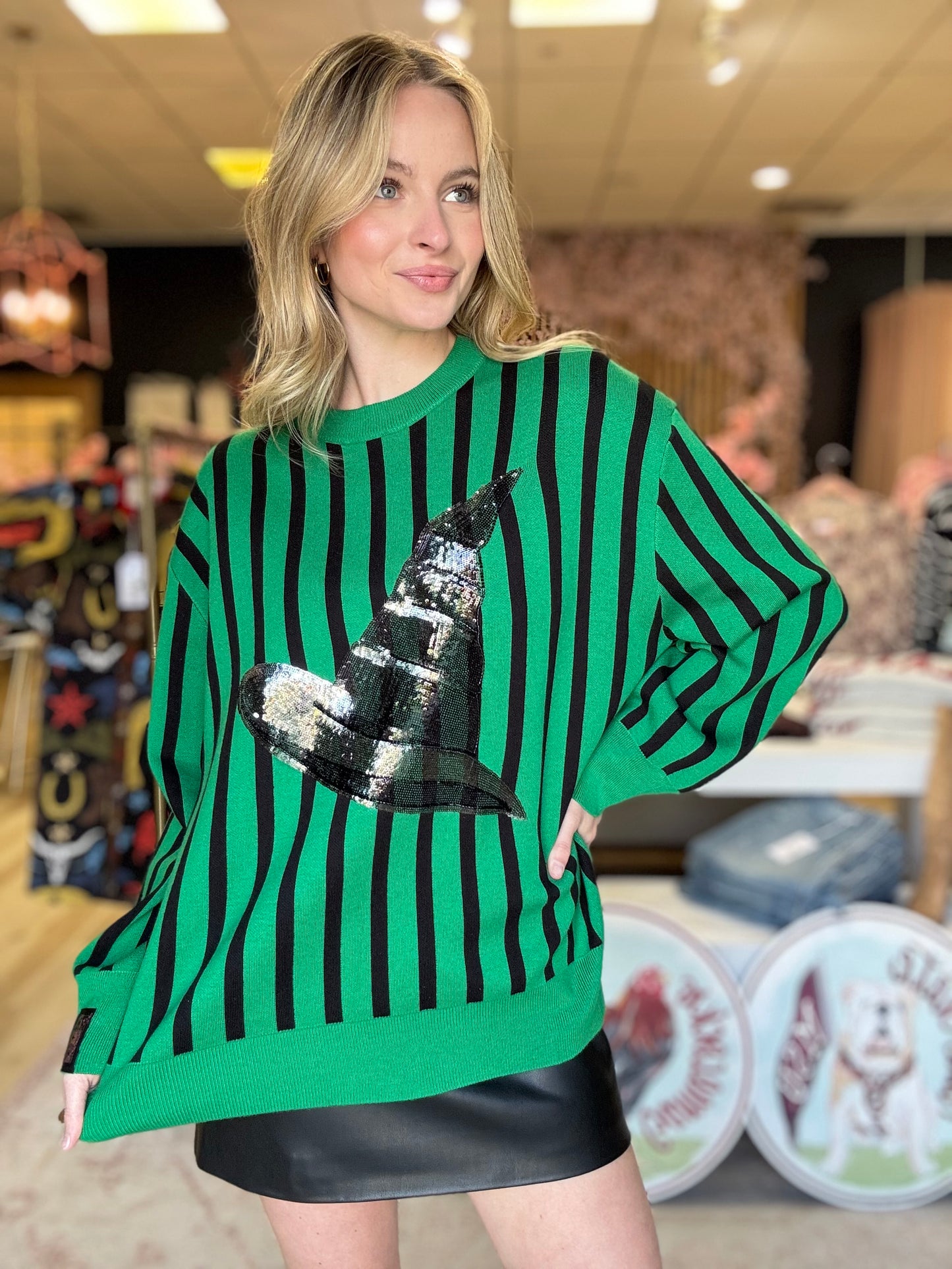 Queen of Sparkles Licensed Green and Black Striped Elphaba Hat Sweater