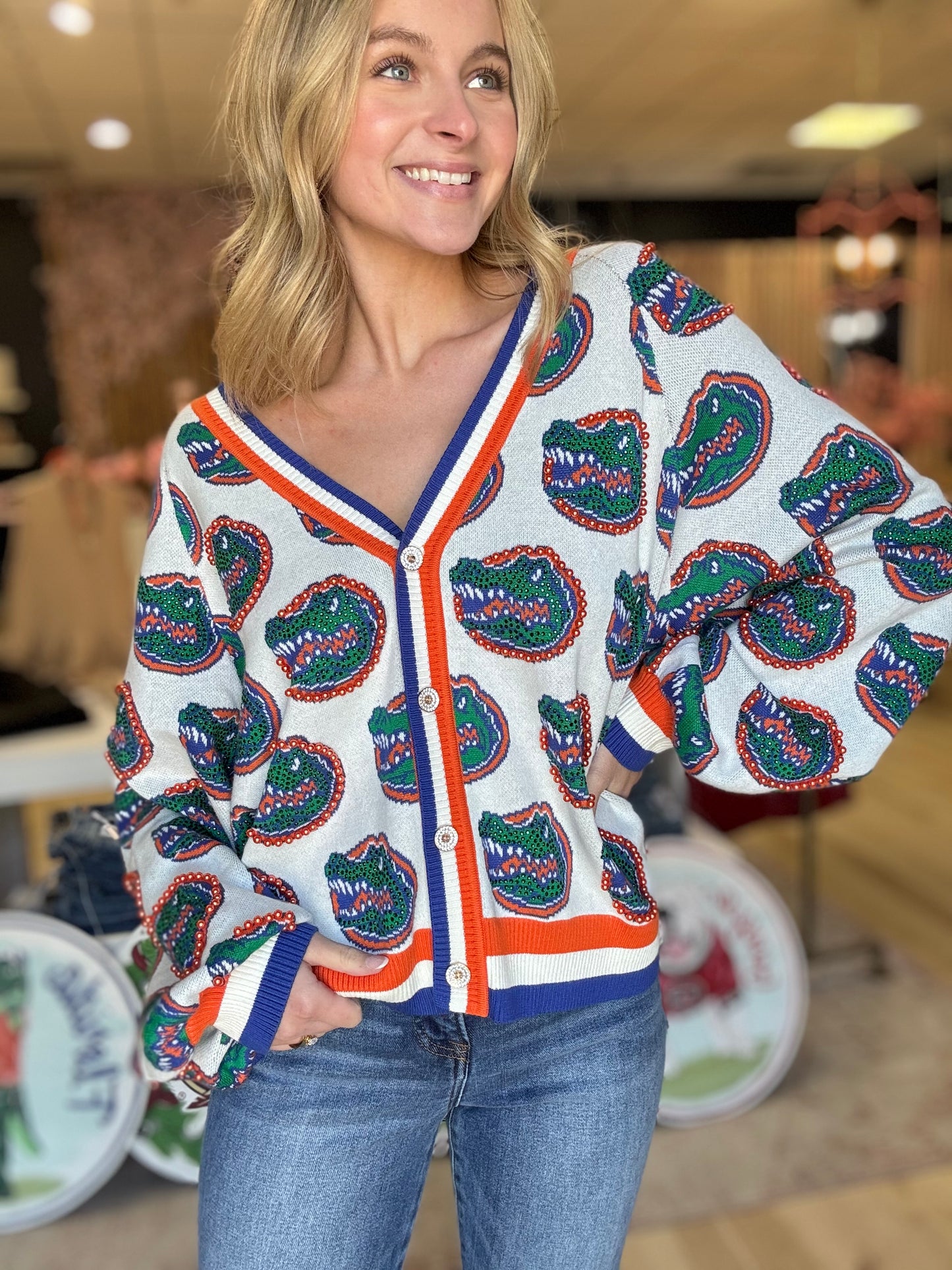 Queen of Sparkles Licensed Florida Knit In Mascot Rhinestone Cardigan