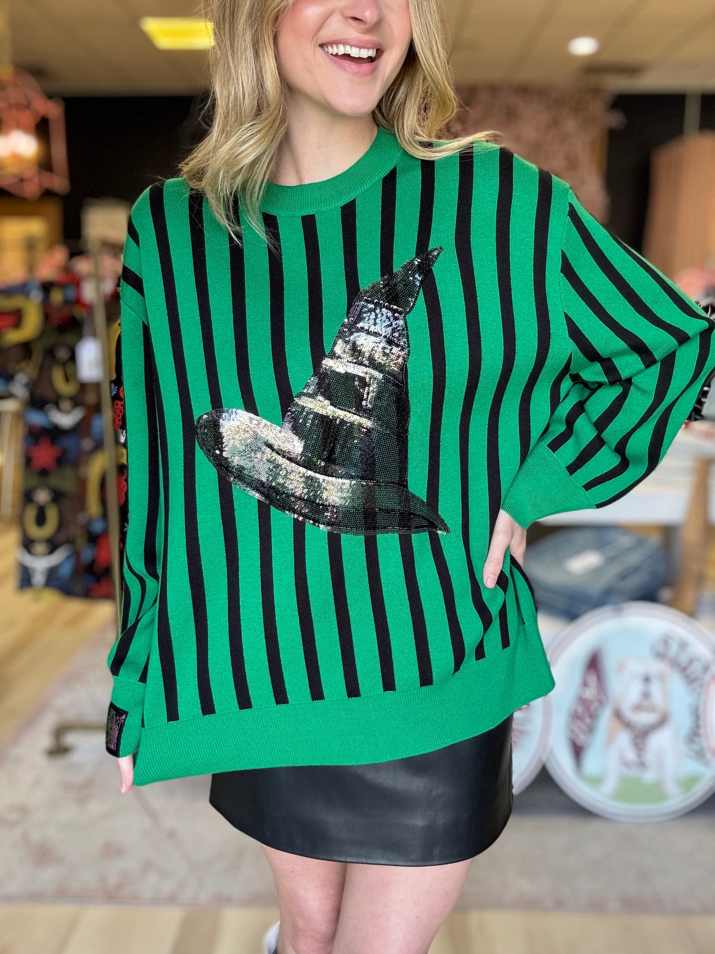 Queen of Sparkles Licensed Green and Black Striped Elphaba Hat Sweater