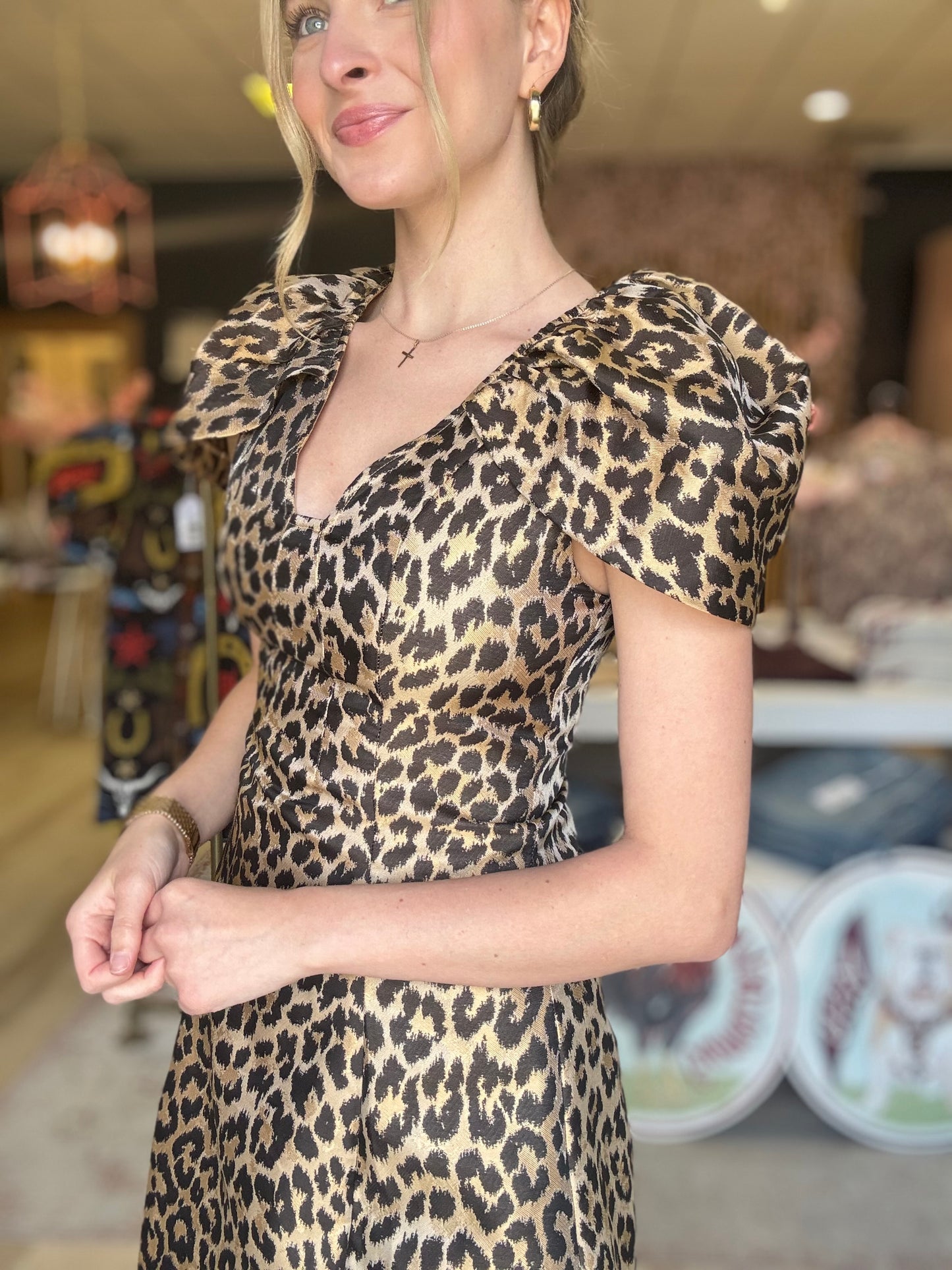 Adelyn Rae Zariah Leopard Gathered Sleeve Mini Dress