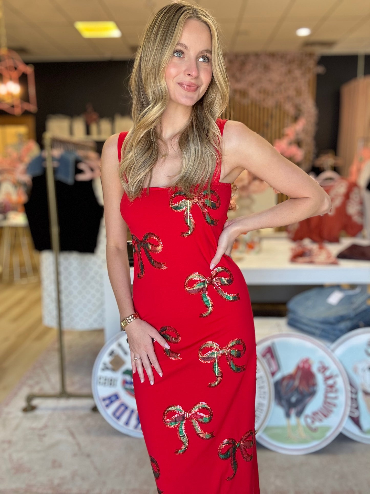 Amor Exclusive Plaid Bow Sequin Christmas Dress (preorder)