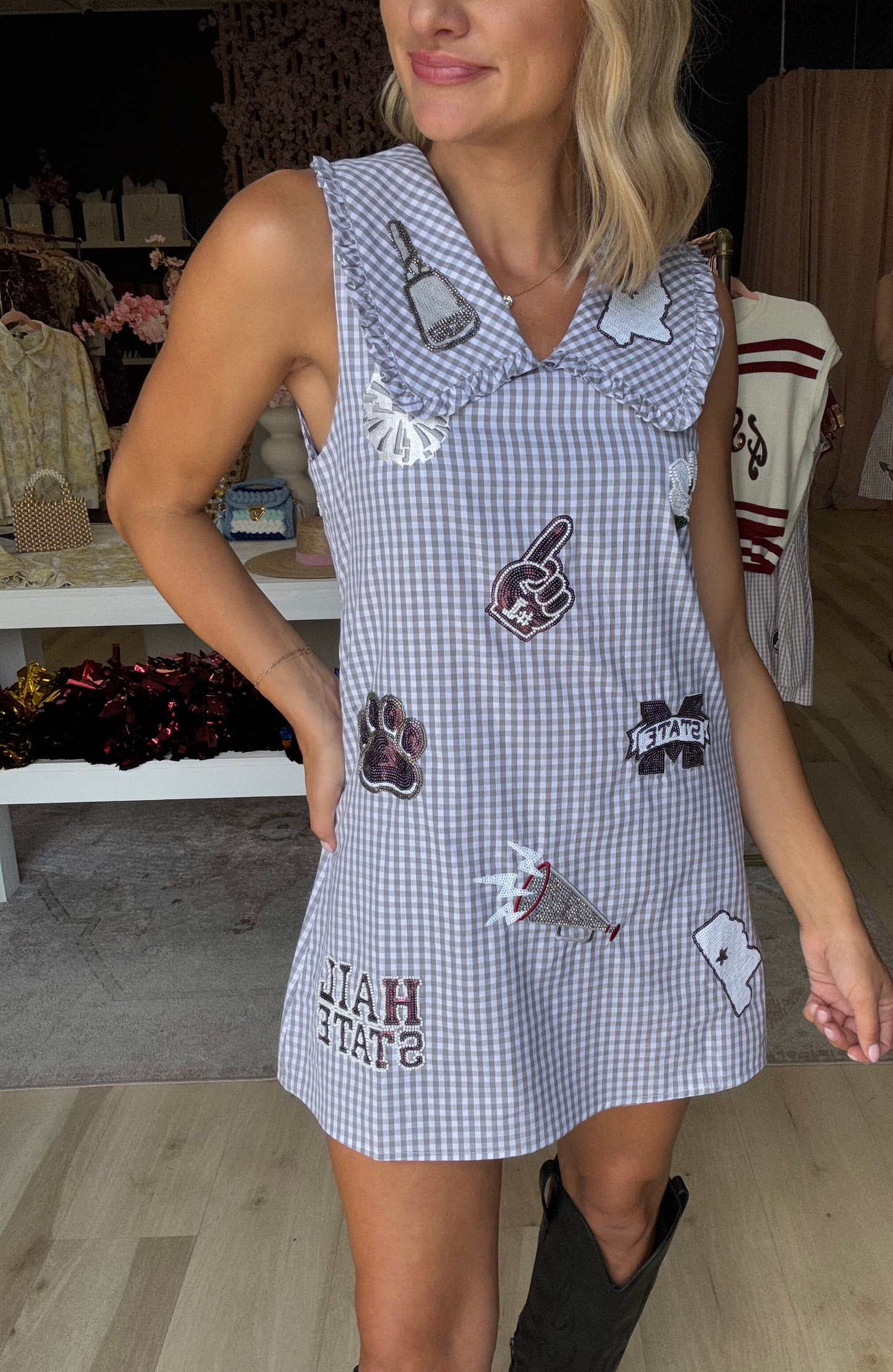 Queen of Sparkles Licensed Missippi State Mini Icon Gingham Collar Dress
