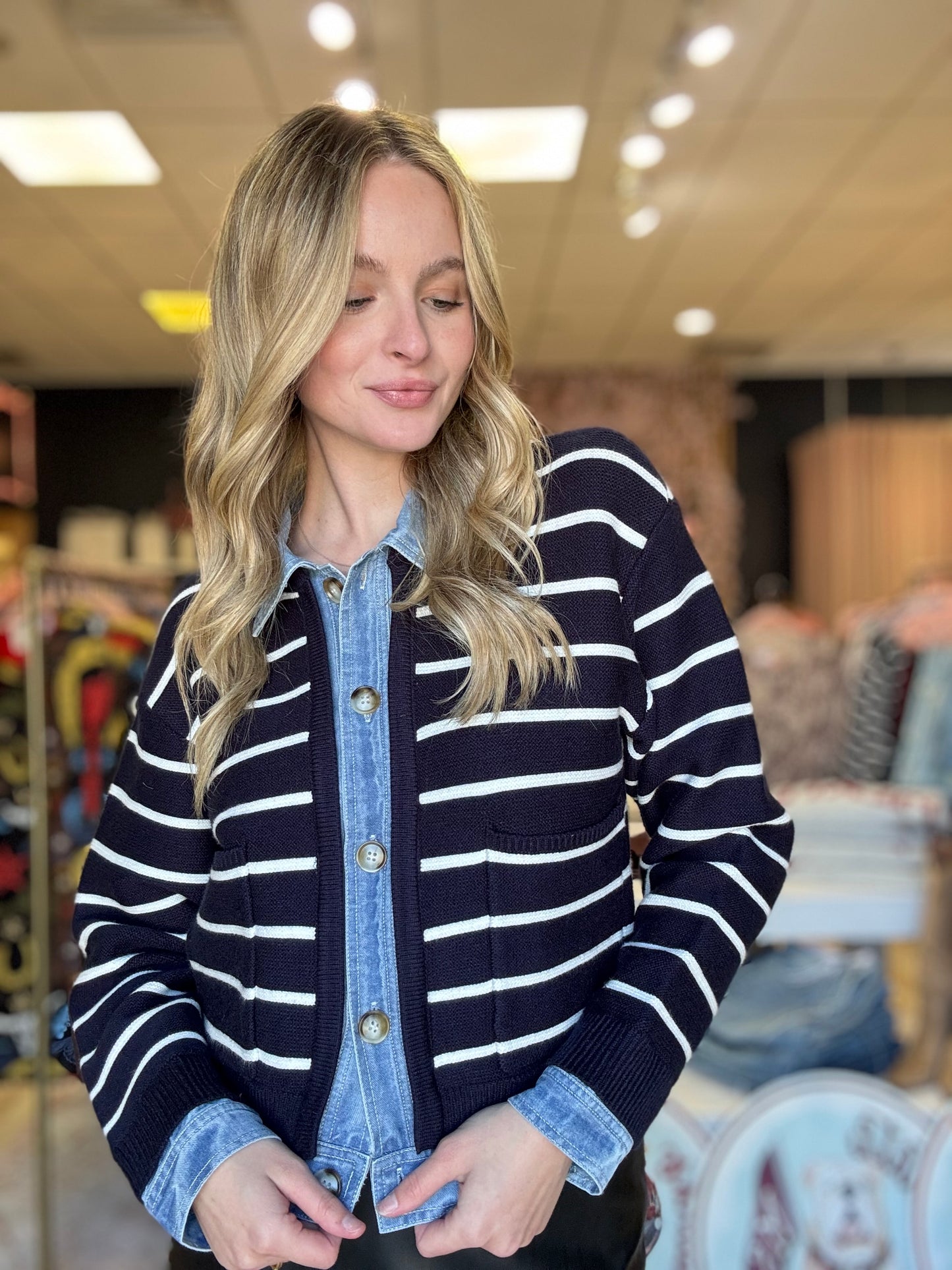 Stripe Knit/Denim Cardigan