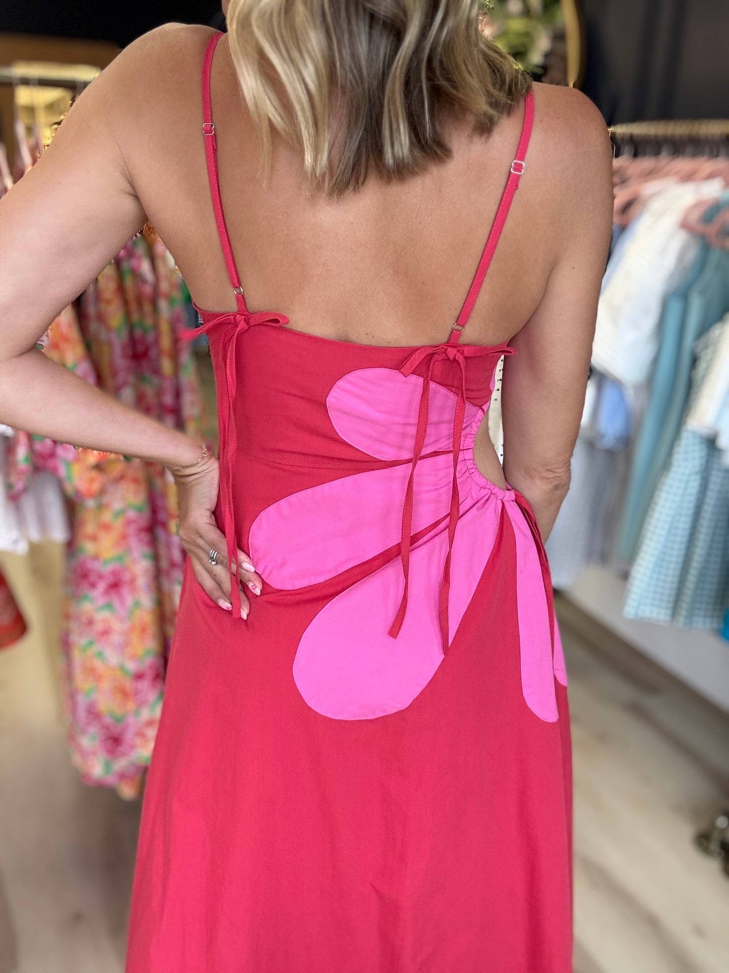 Floral Cut Out Dress - Pink/Red