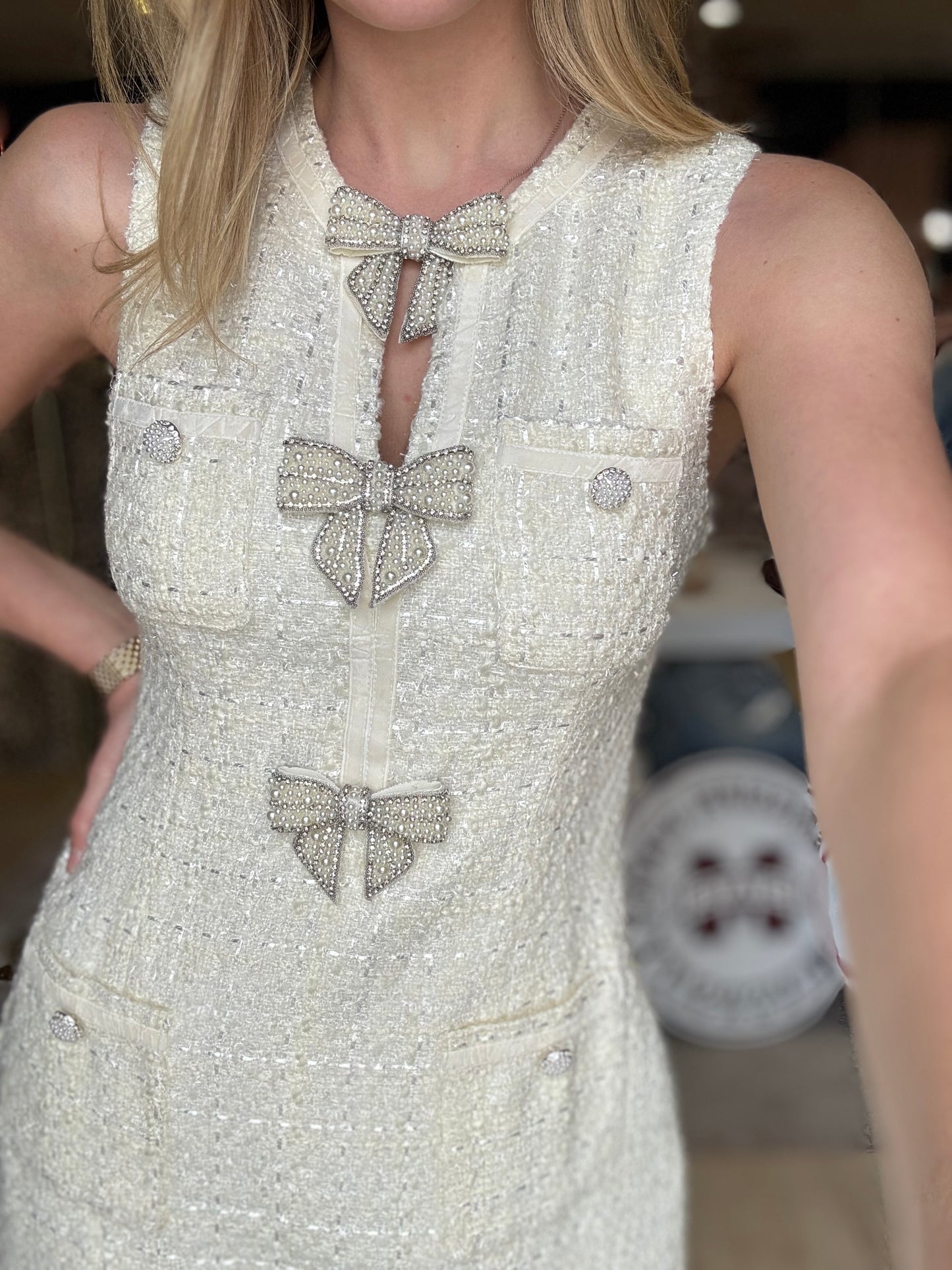Textured Sleeveless Rhinestone Bow Dress