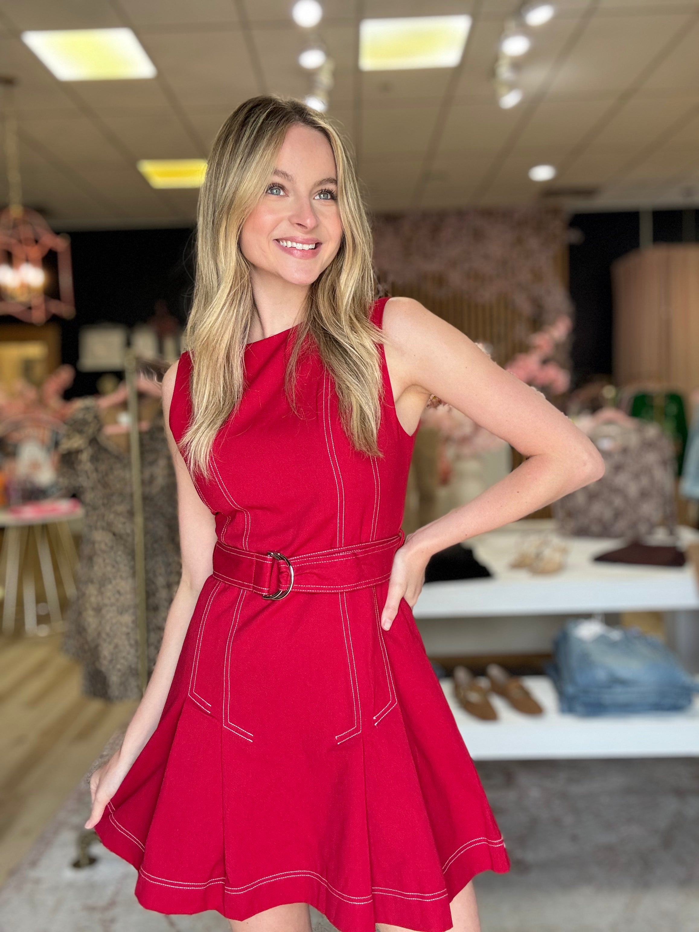 Contrast Stitching Pleated Dress