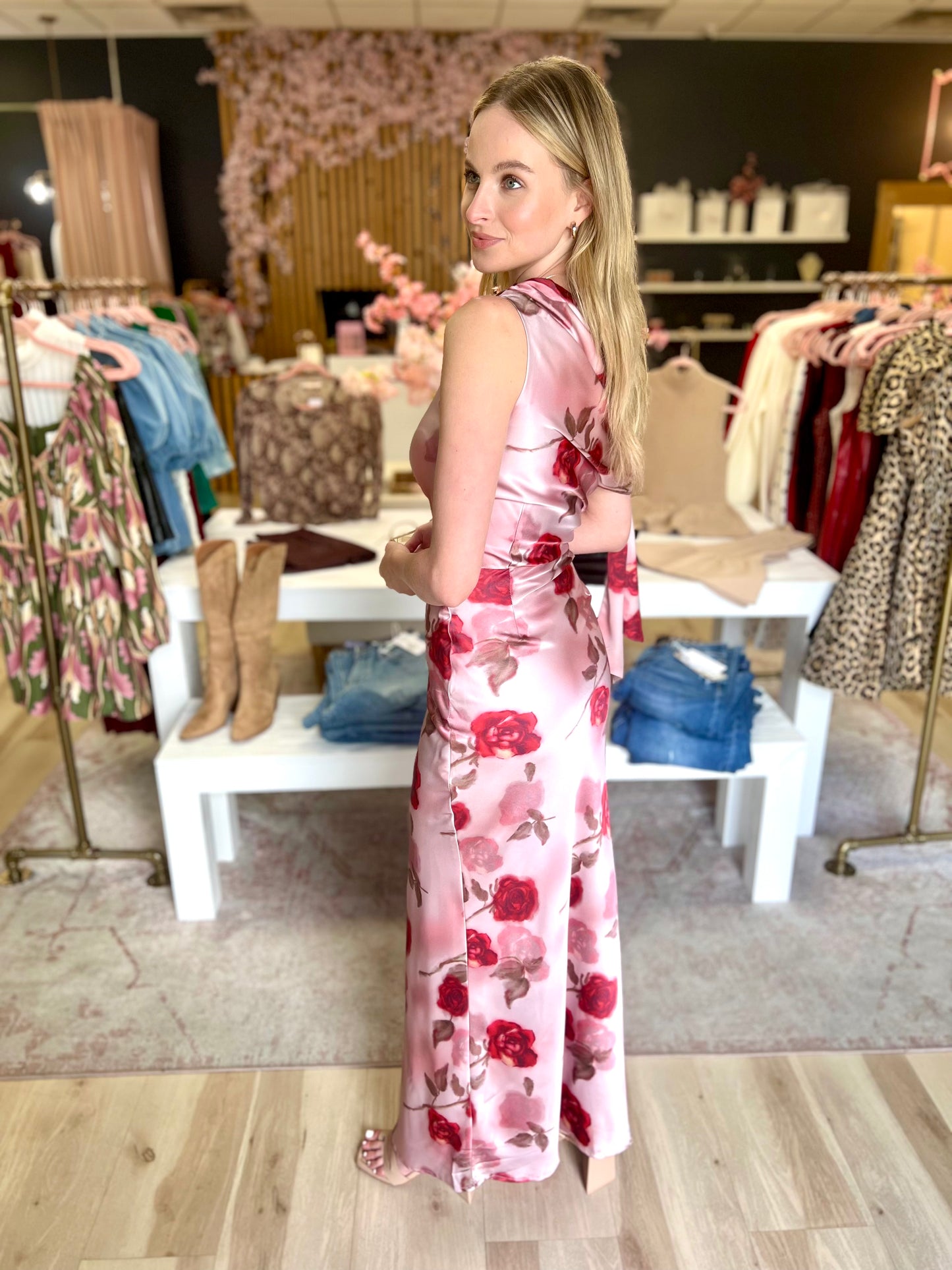 Remie Floral Satin Dress in Mauve