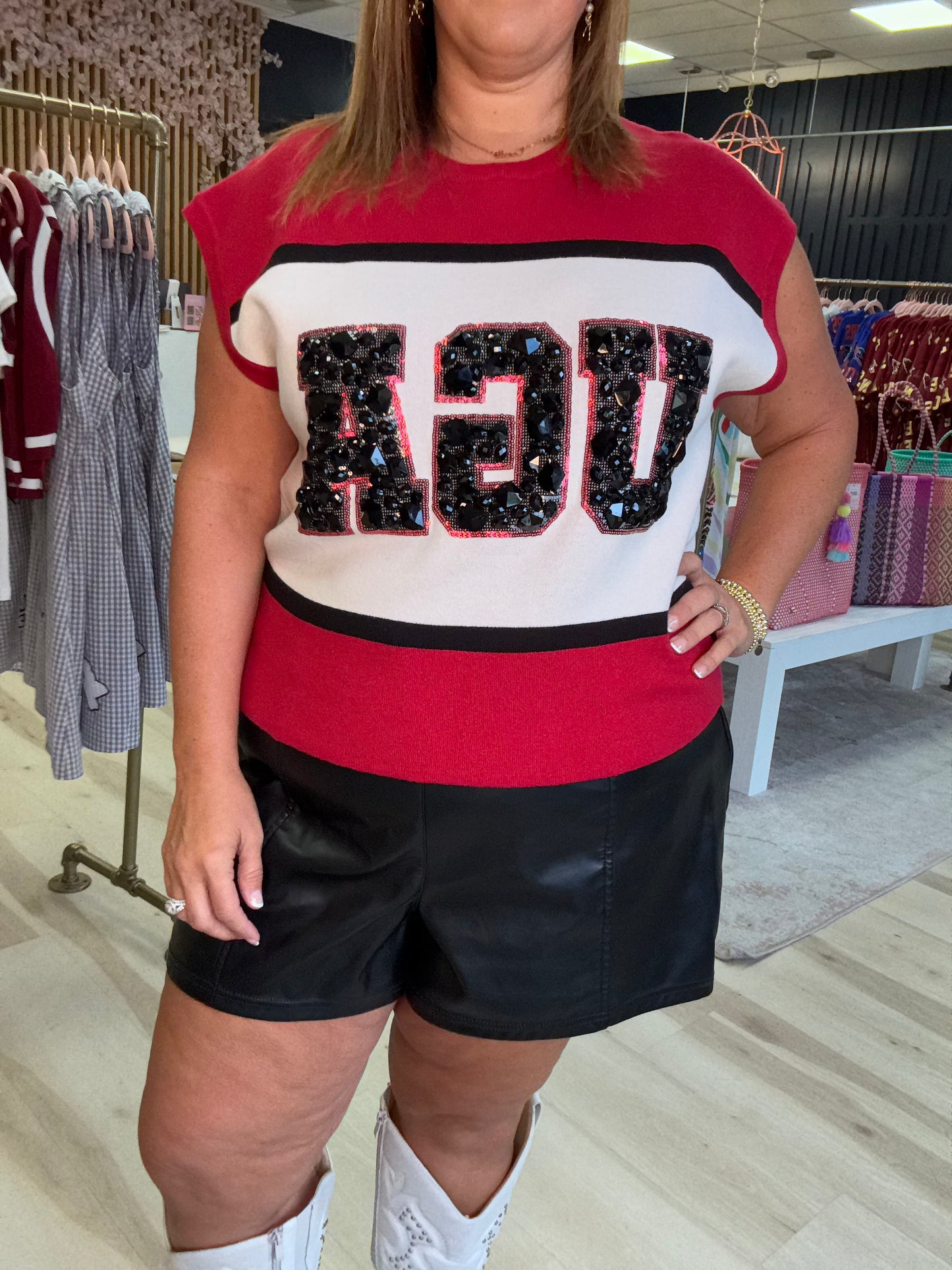 Queen of Sparkles Licensed UGA Colorblock Jewel Letter Short Sleeve Sweater