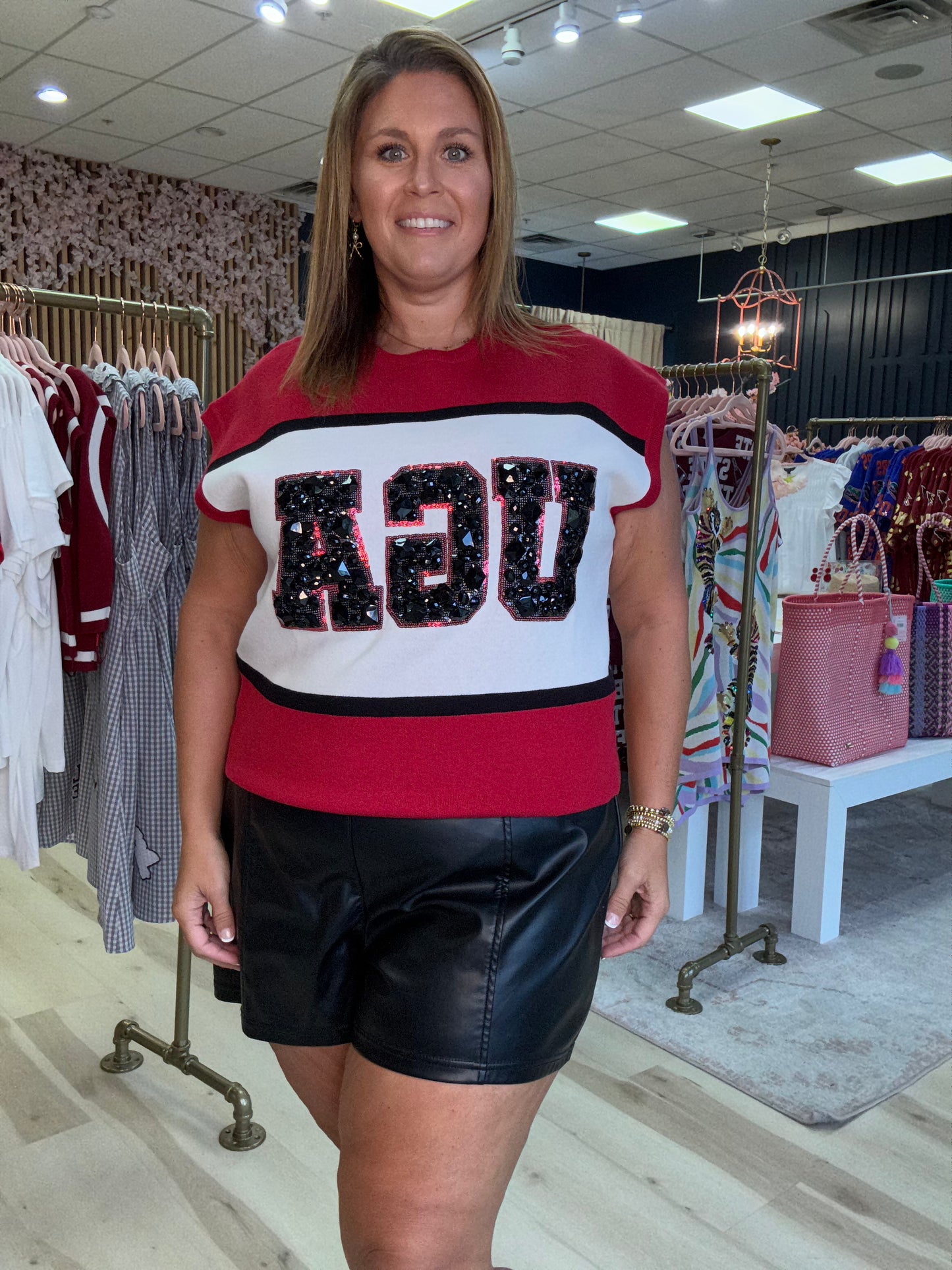 Queen of Sparkles Licensed UGA Colorblock Jewel Letter Short Sleeve Sweater