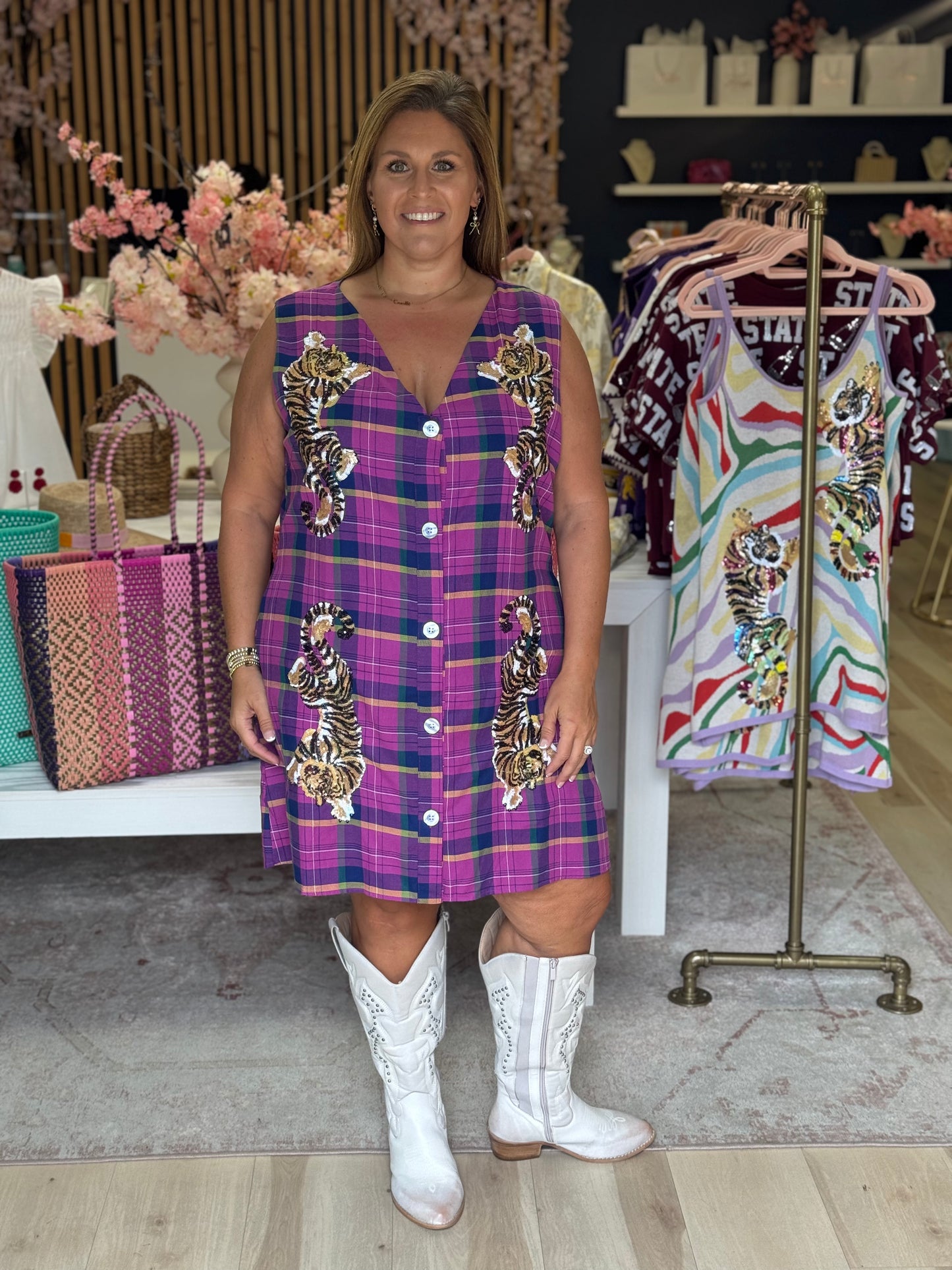Queen of Sparkles Bright Purple Plaid Crawling Tiger Button Tank Dress