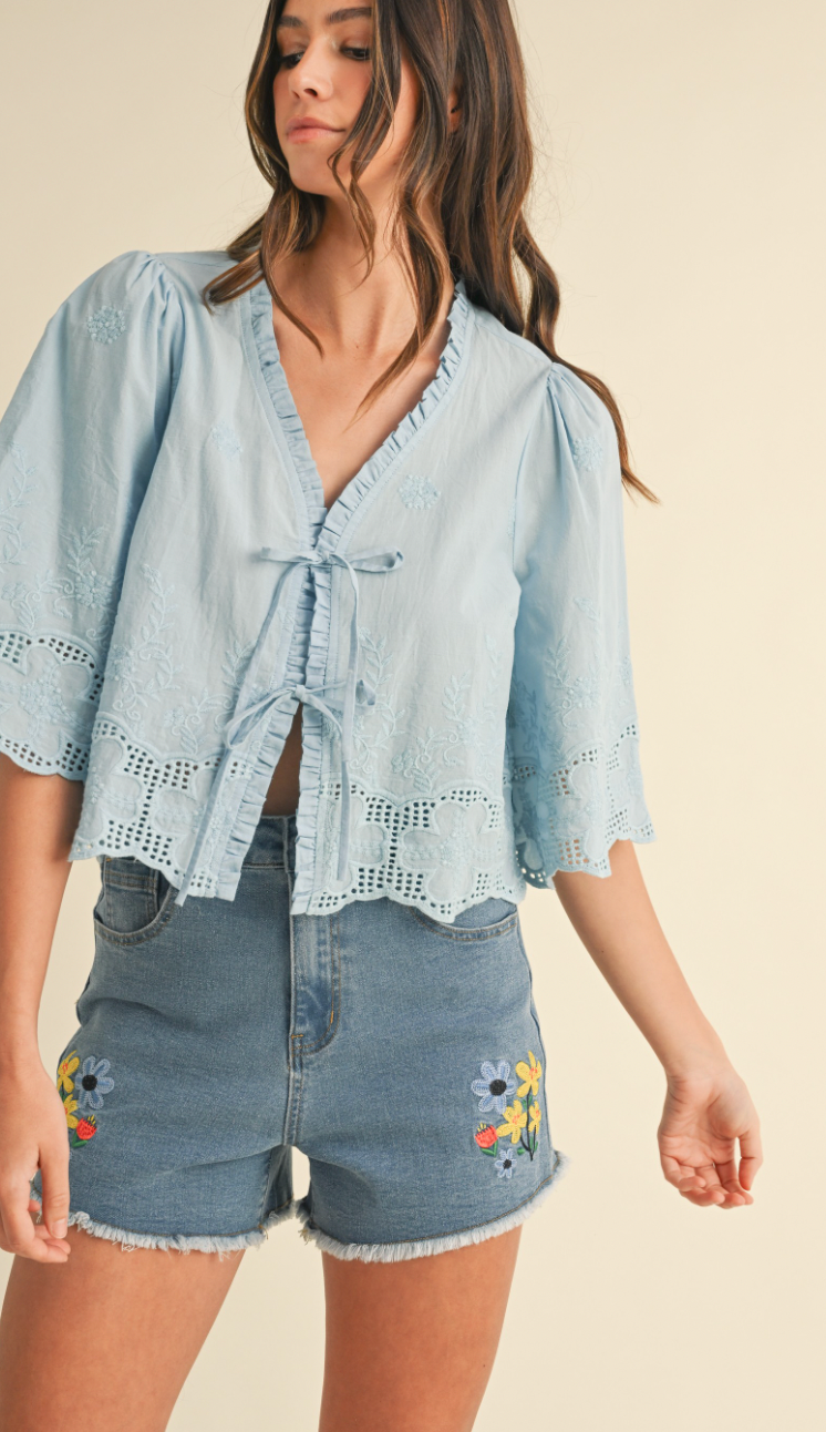 Floral Embroidered Blouse in Sky Blue