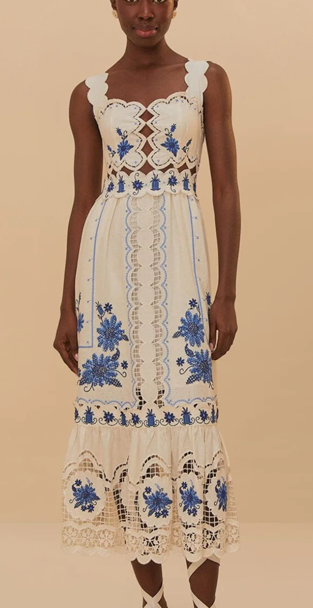 Farm Rio Cross Stitch Richelieu Sunflower Midi Dress