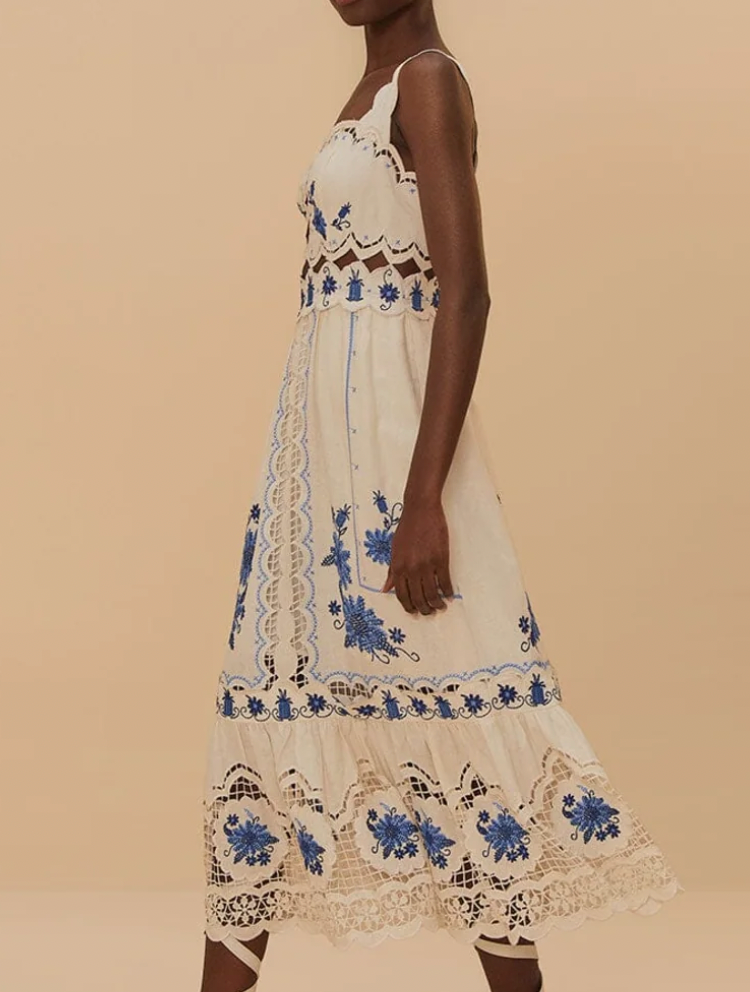 Farm Rio Cross Stitch Richelieu Sunflower Midi Dress