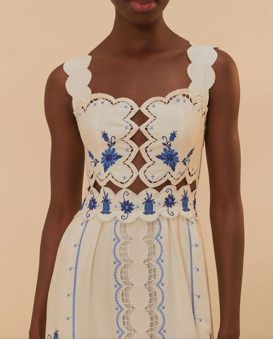 Farm Rio Cross Stitch Richelieu Sunflower Midi Dress