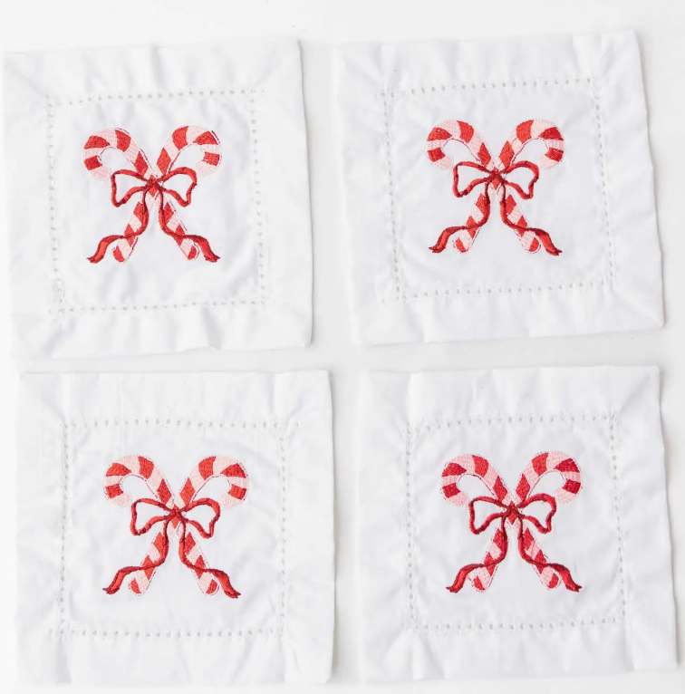 Candy Cane Embroidered Cocktail Napkin Boxed Set (preorder)