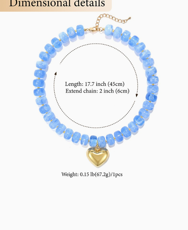 Colorful Beaded Heart Necklace in Light Blue