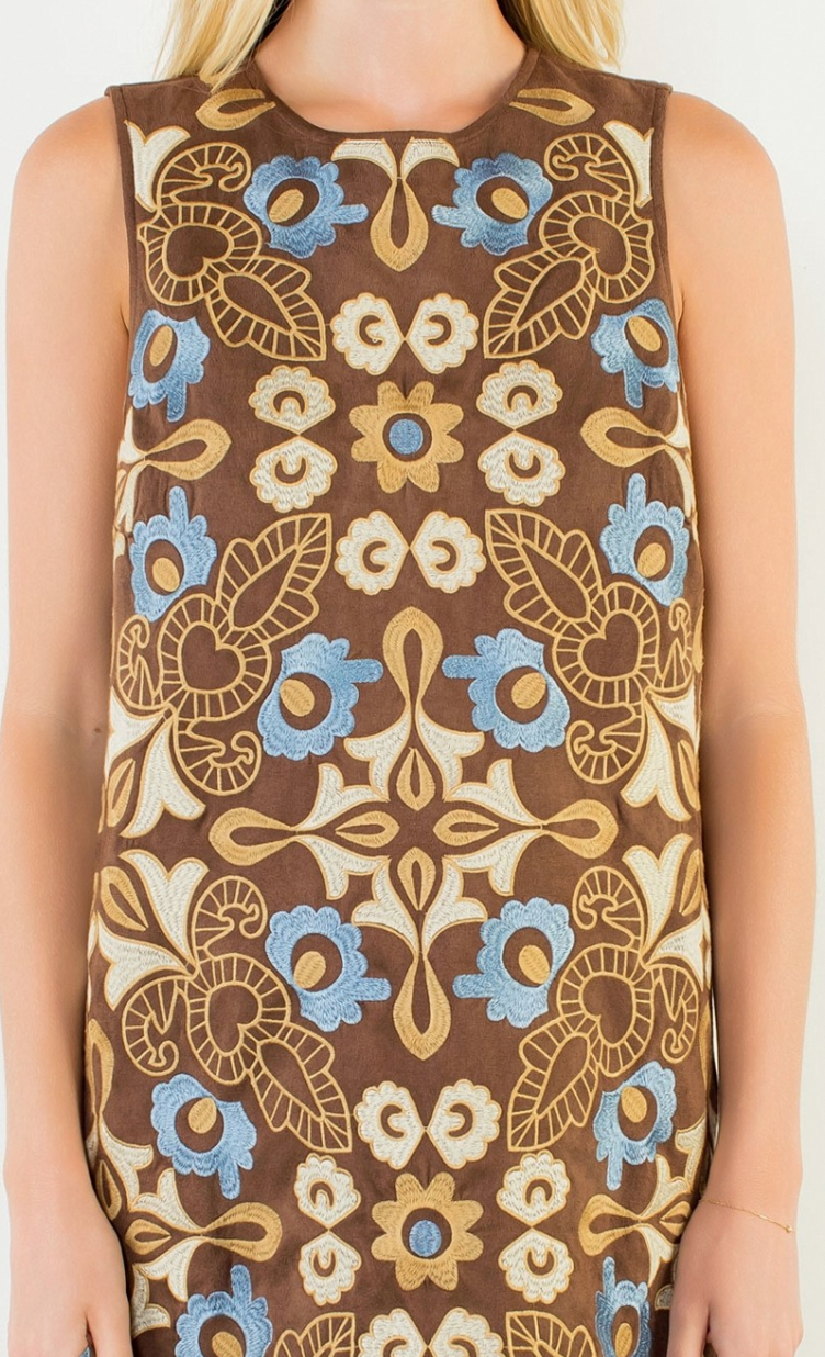 THML Suede Embroidery Dress in Brown
